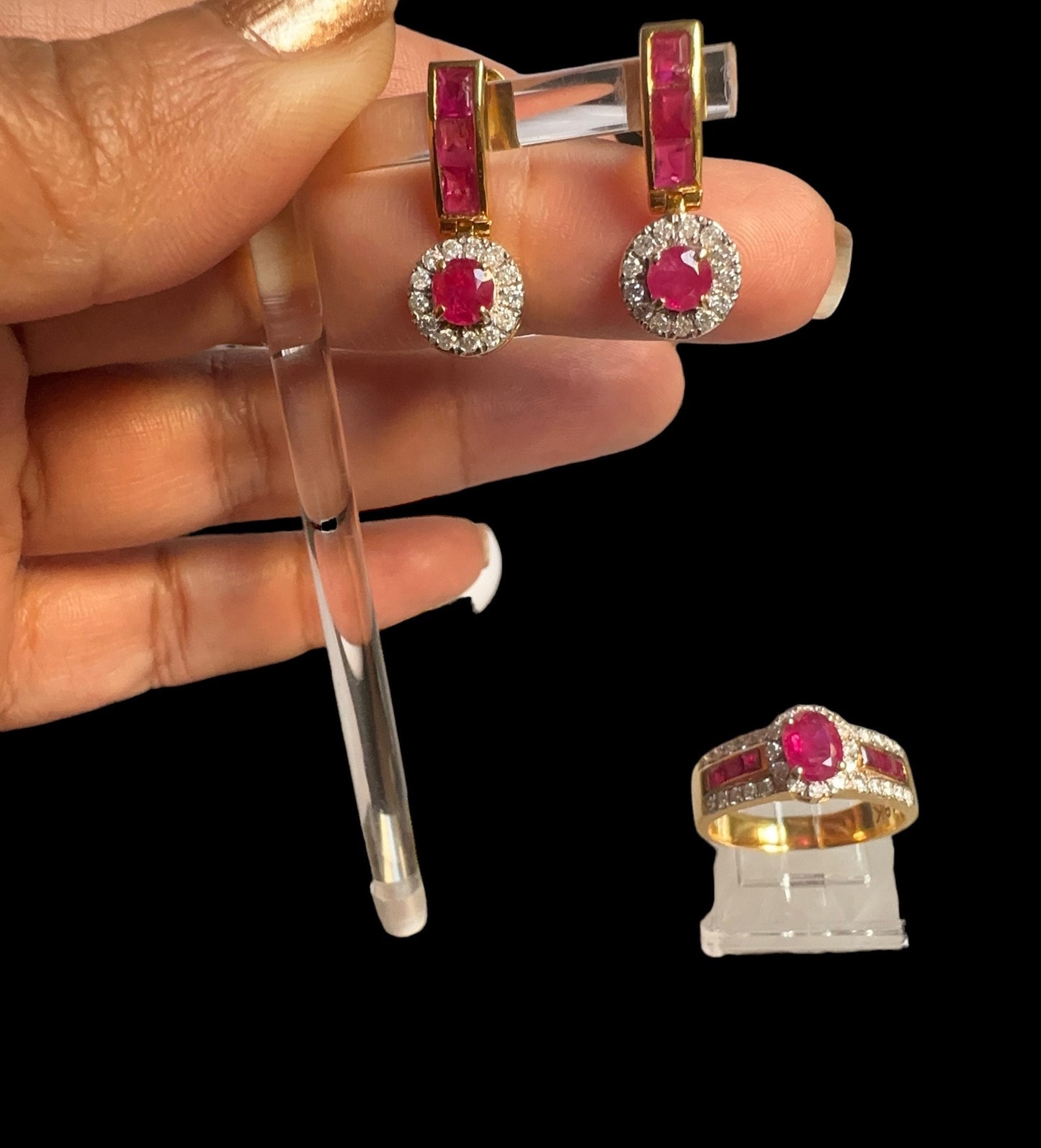 Dangle Drop Earrings with Total 2CT Natural Unheated Burmese Ruby and Diamonds in 20K Gold