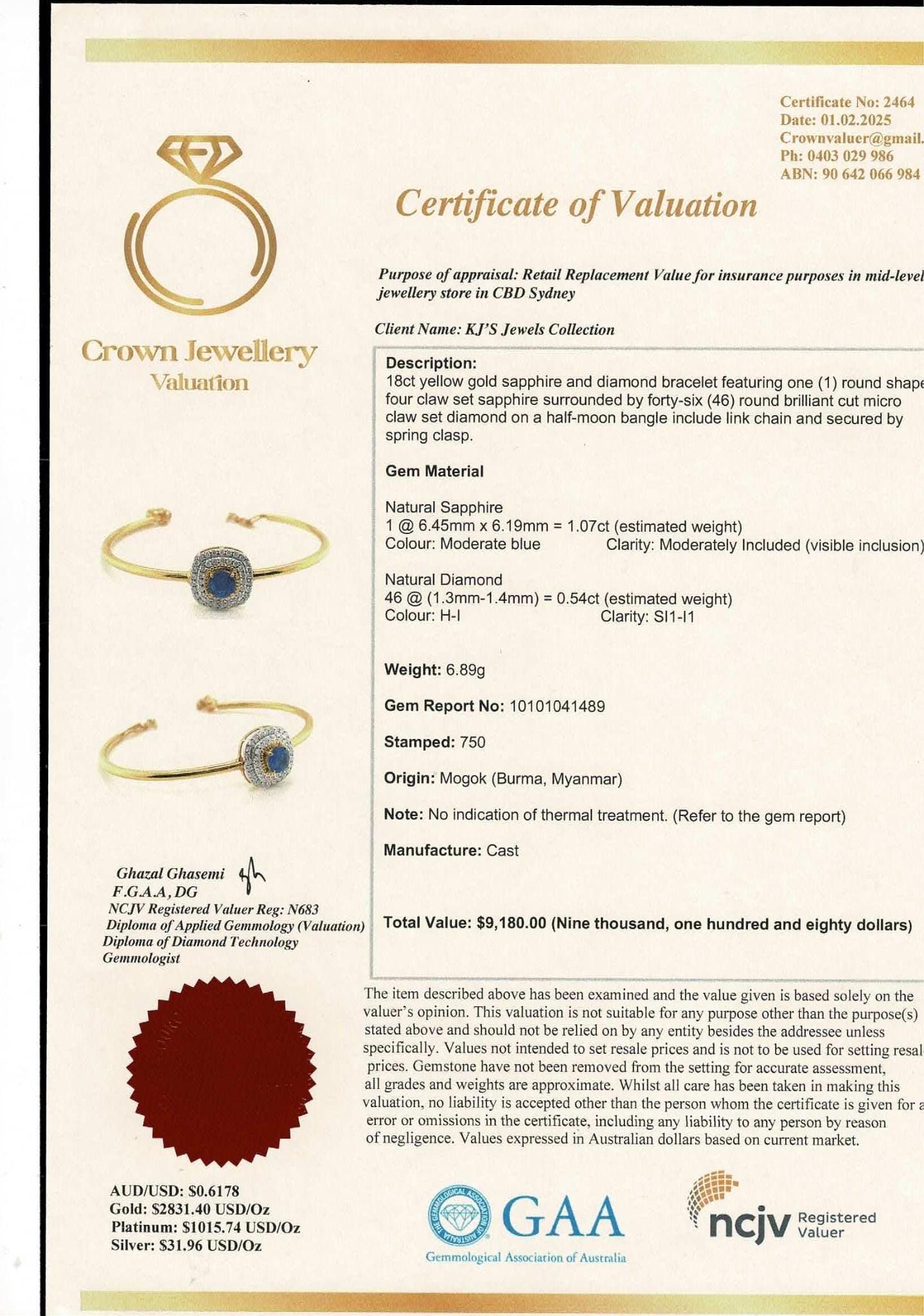 Natural Unheated Burmese Sapphire and Natural Diamonds Bangle in 18K Solid Gold