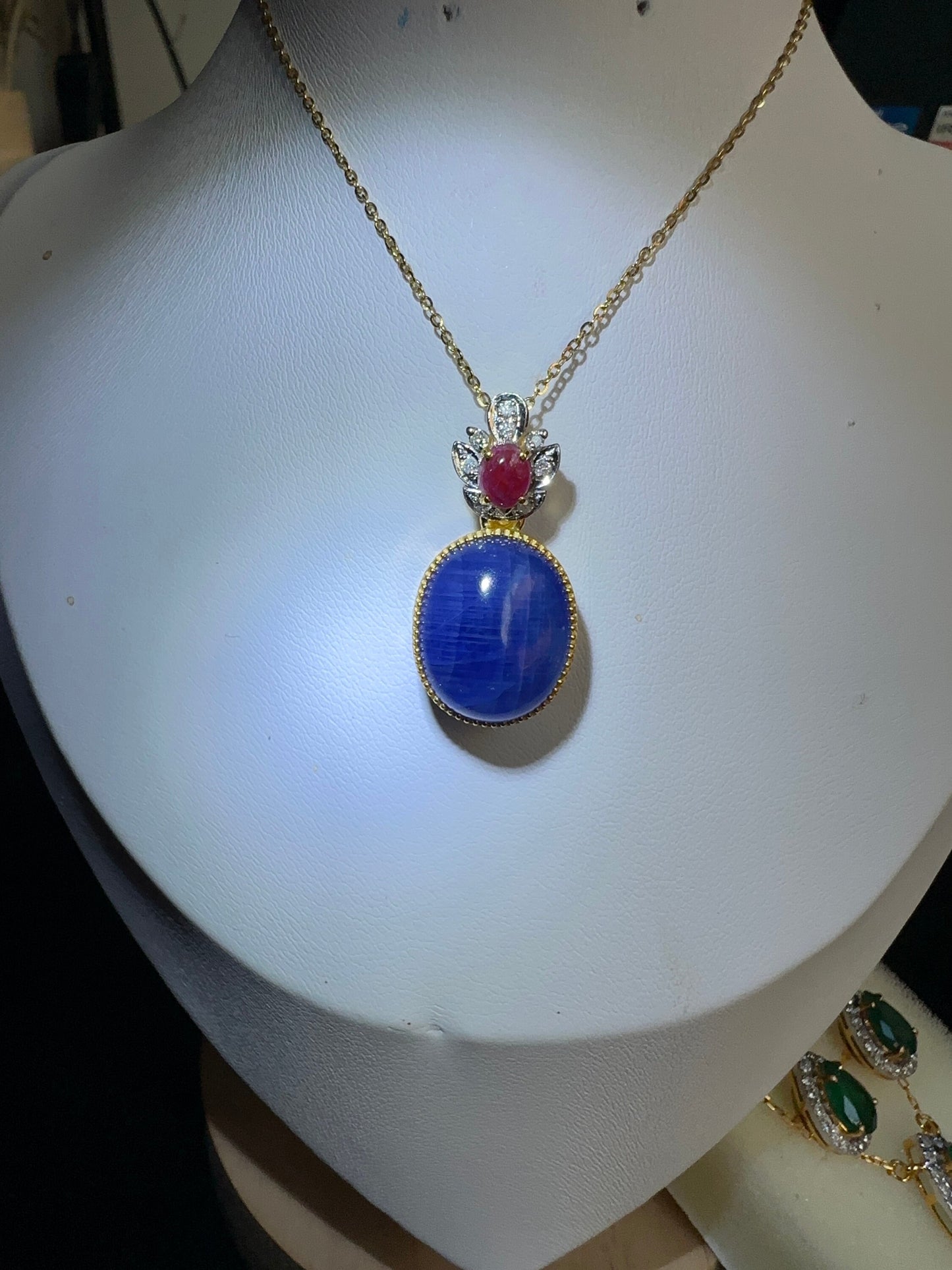 Natural Unheated Large Size Sapphire Cabochon (16CT) with natural Ruby and Natural Diamond Pendant in 20K gold