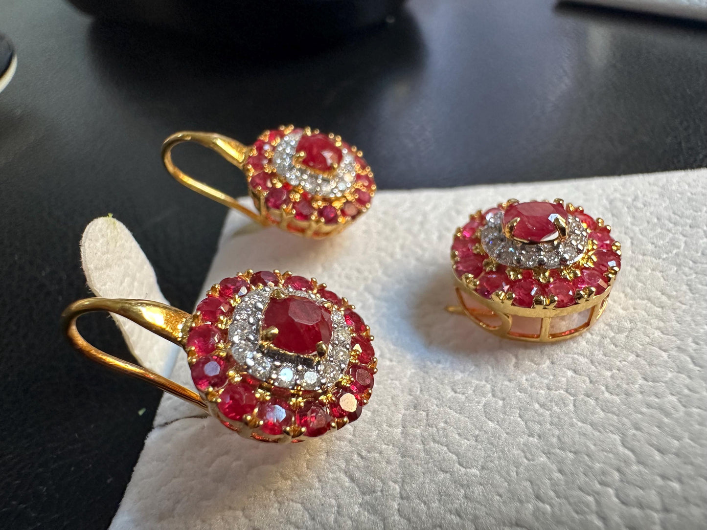 Stunning Earring & Pendant Set -Featuring Natural Unheated Burmese Ruby and Natural Diamond Earrings in 20K Solid Gold.