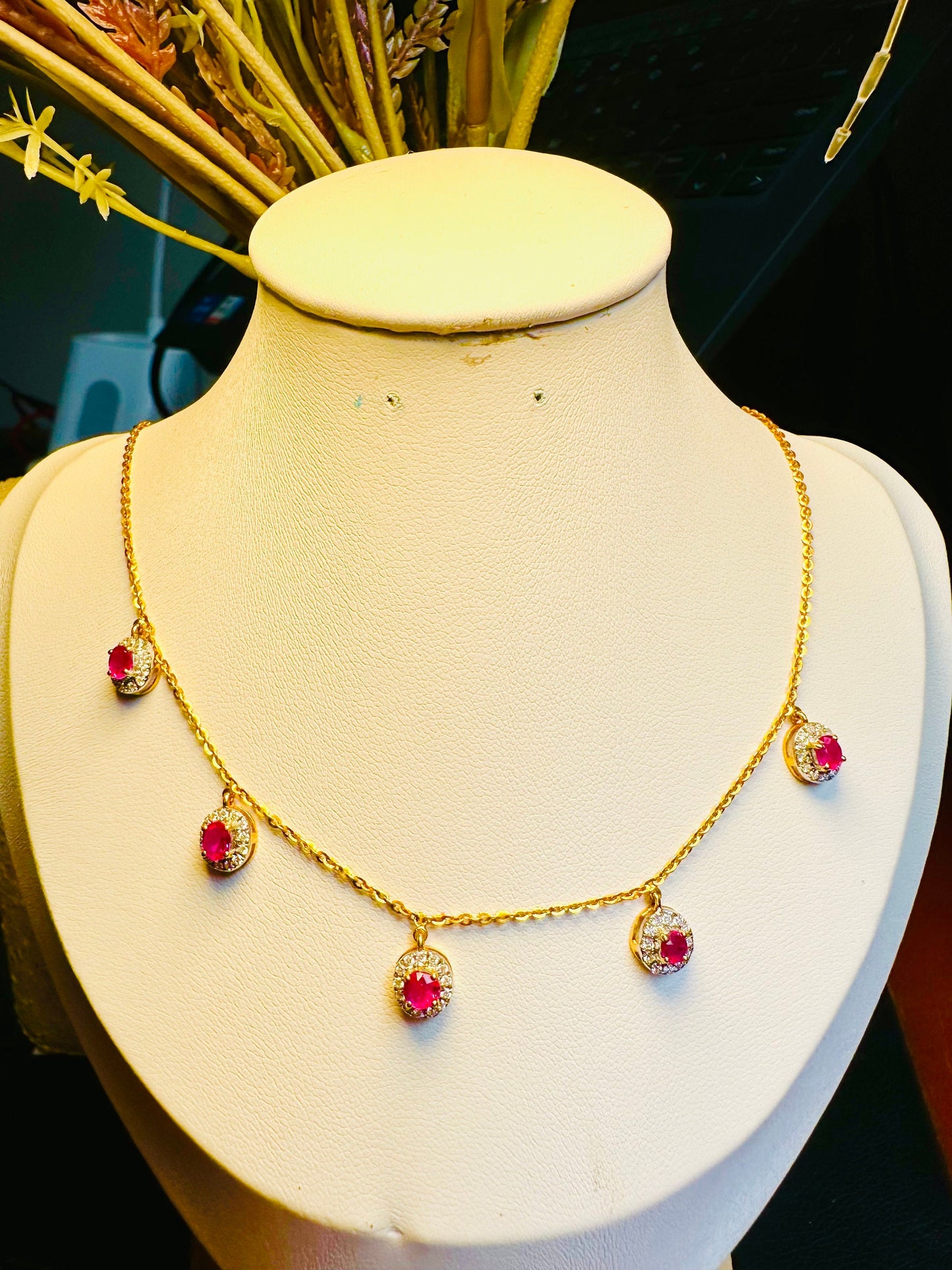 Total 1.35 CT Natural Unheated Burmese (5)Rubies and Genuine Diamonds with 21K gold necklace
