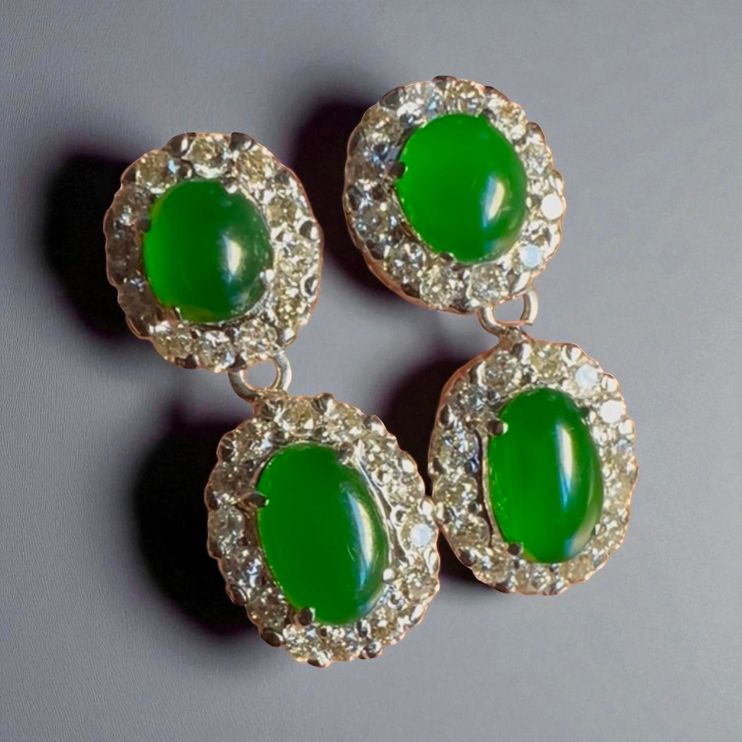 Two Step Drop Earrings Natural Untreated Burmese Jadeite & Diamonds