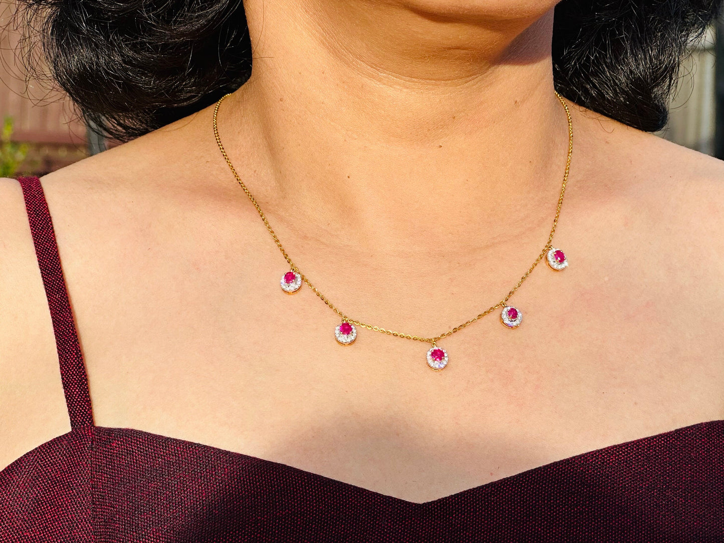 Total 1.35 CT Natural Unheated Burmese (5)Rubies and Genuine Diamonds with 21K gold necklace