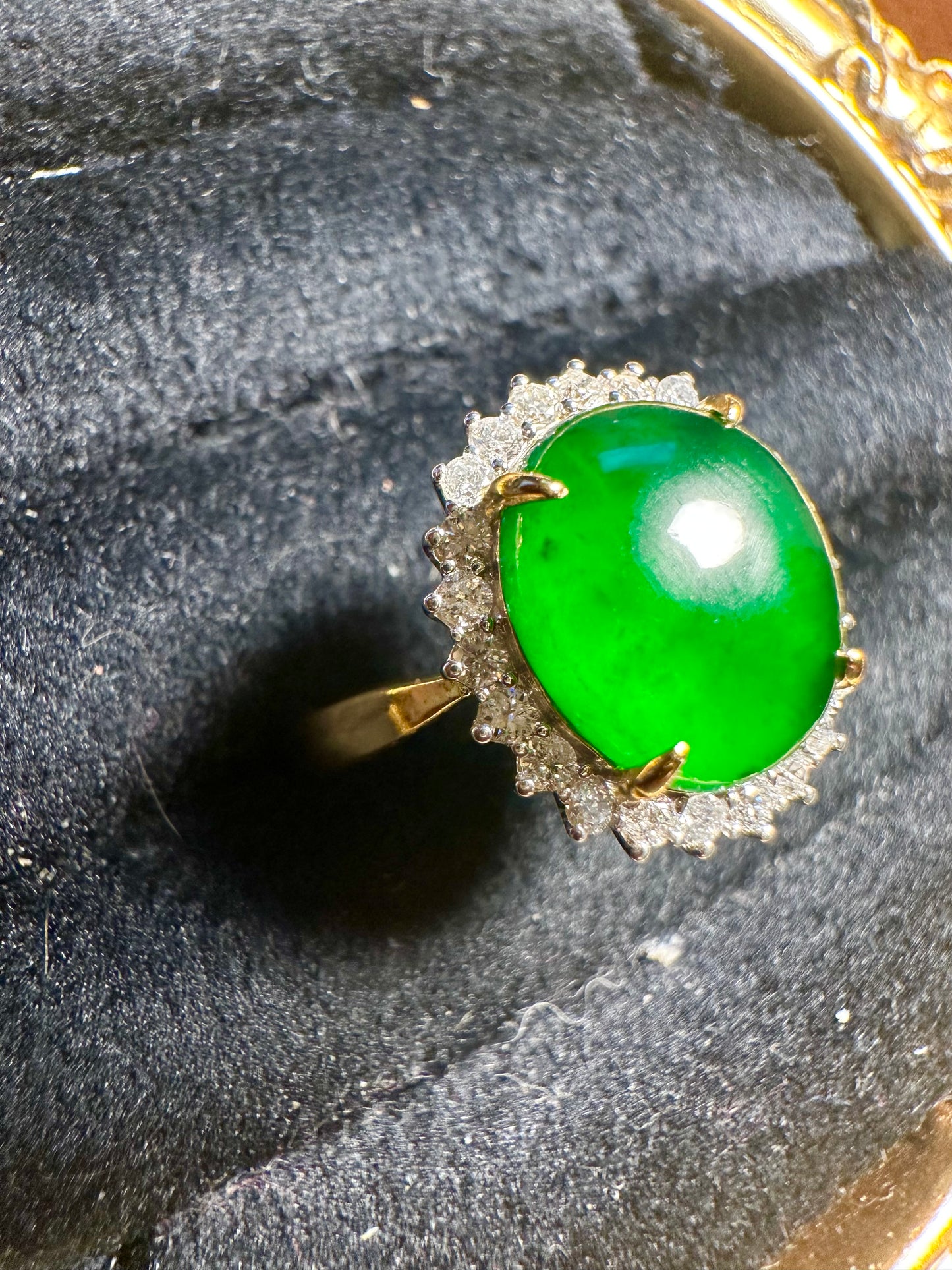 Diana-Style Ring - Natural Unheated Burmese Jadeite Jade (Type A) with Natural Diamonds in 18K Solid Gold.