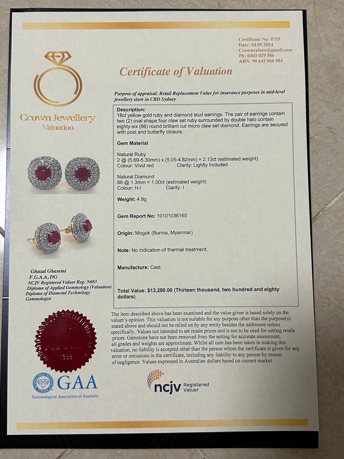 Total 2.13 CT Burmese Natural Unheated Ruby and Natural Diamonds Earrings in 18K Solid Gold