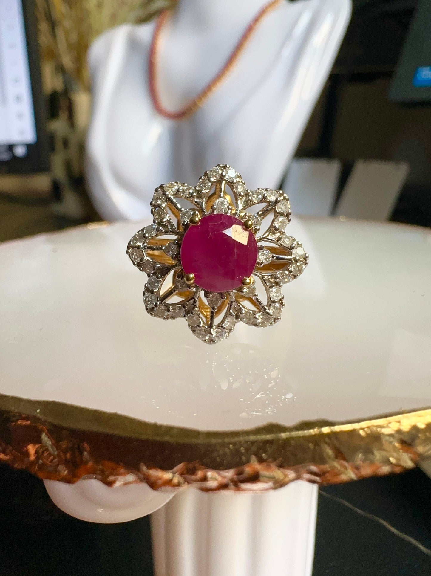 Burmese Natural Unheated Ruby (1.32CT) and Natural Diamonds Ring in 20K Solid Gold