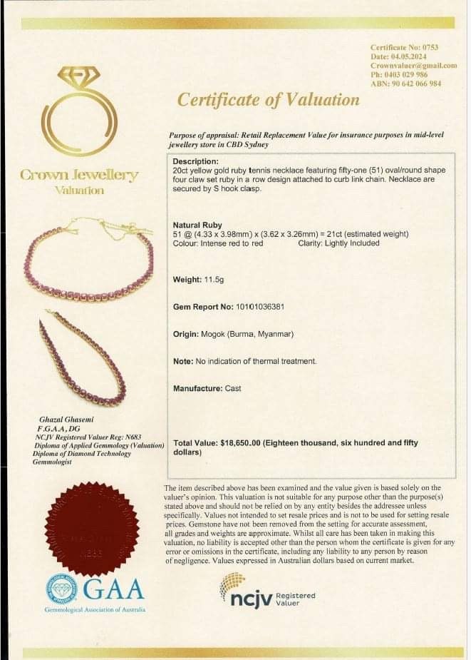 Total 21CT Natural Unheated Burma Ruby necklace/tennis necklace in 20K Gold