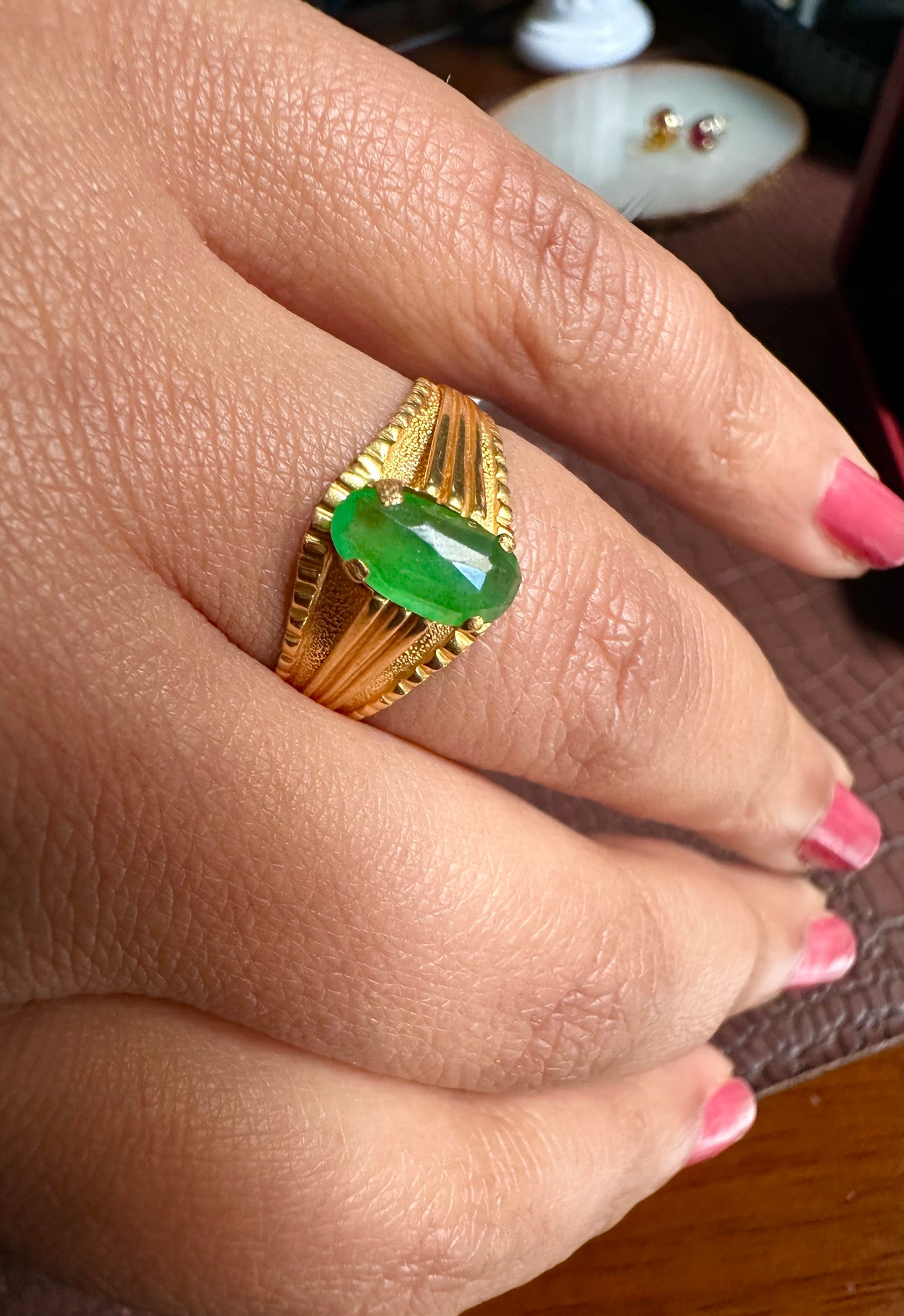 Unisex Ring - Apple Green Natural Untreated Burmese Jadeite Jade (Type A) in 22K Solid Gold.