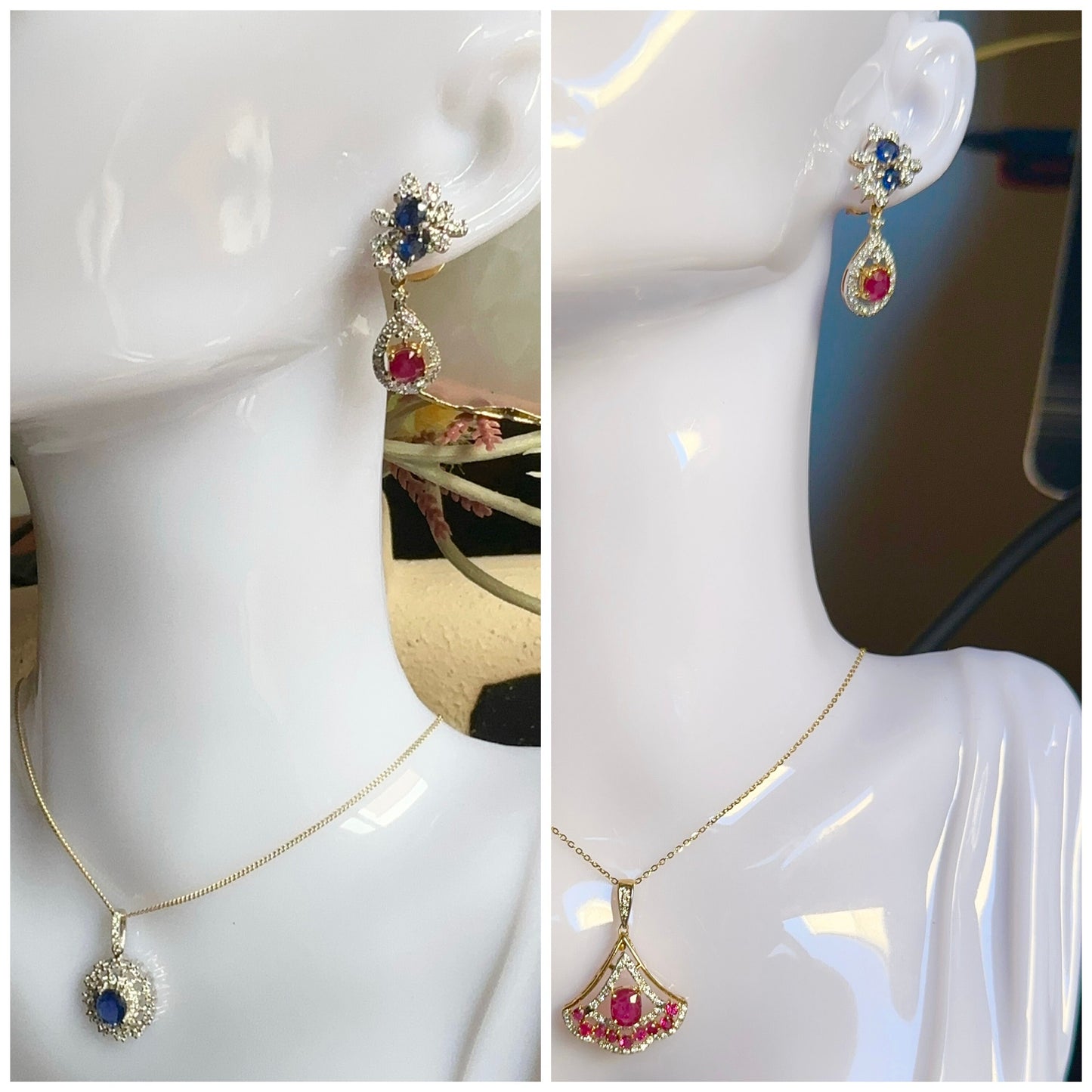 Beautiful natural untreated Burmese ruby, sapphire, and diamond (2 in 1) earring stud in 18K Solid Gold