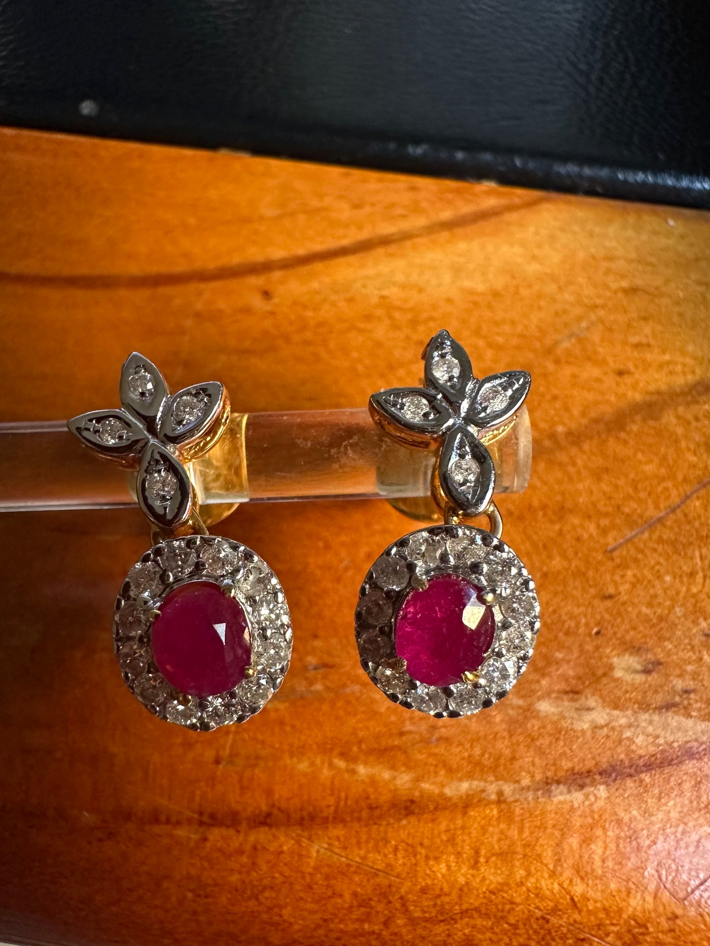 Natural unheated Burmese rubies (1.55CT) and natural diamond drop earrings in 20K solid gold
