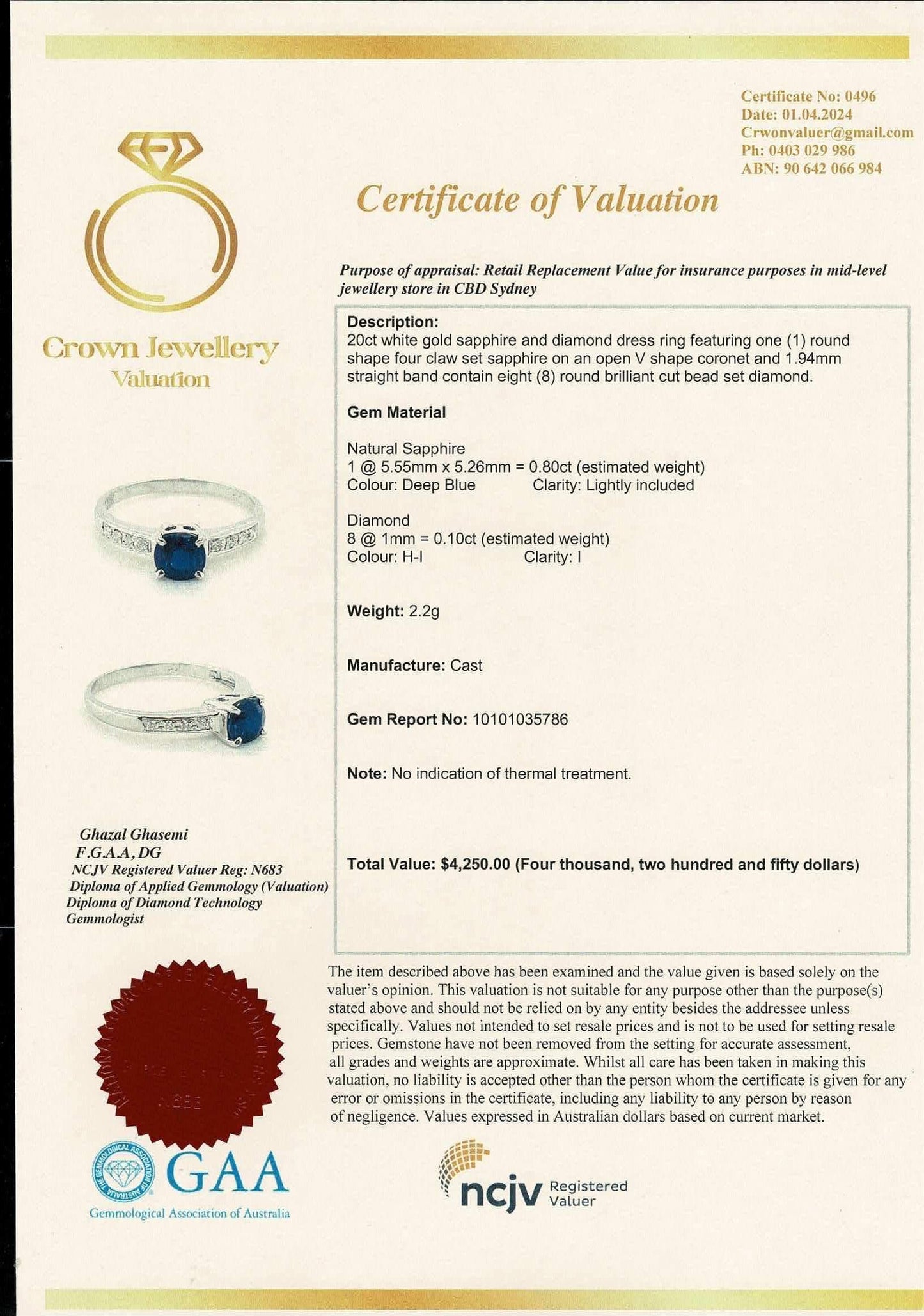Burmese Natural Unheated Sapphire and Natural Diamonds Ring in 20K Solid White Gold