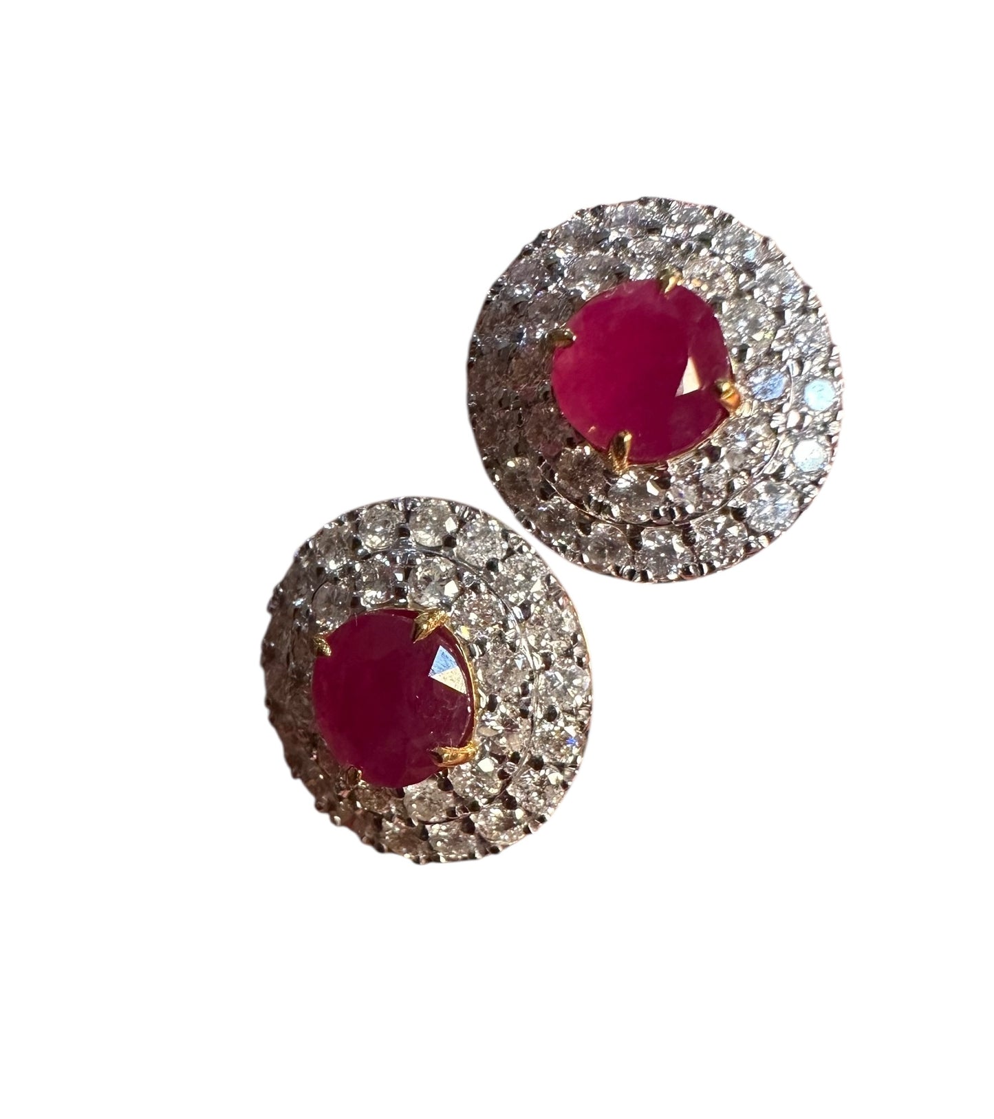 Natural unheated Burmese rubies (3.2CT) and natural diamond drop earrings in 18K solid gold