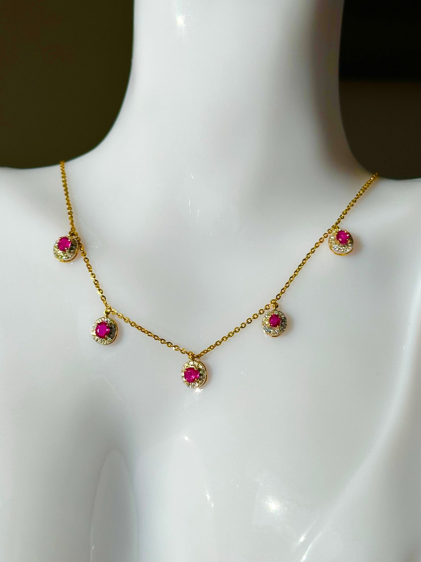 Total 1.35 CT Natural Unheated Burmese (5)Rubies and Genuine Diamonds with 21K gold necklace