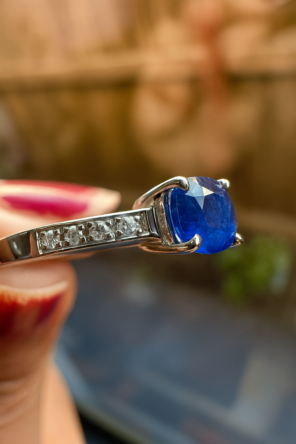 Burmese Natural Unheated Sapphire and Natural Diamonds Ring in 20K Solid White Gold