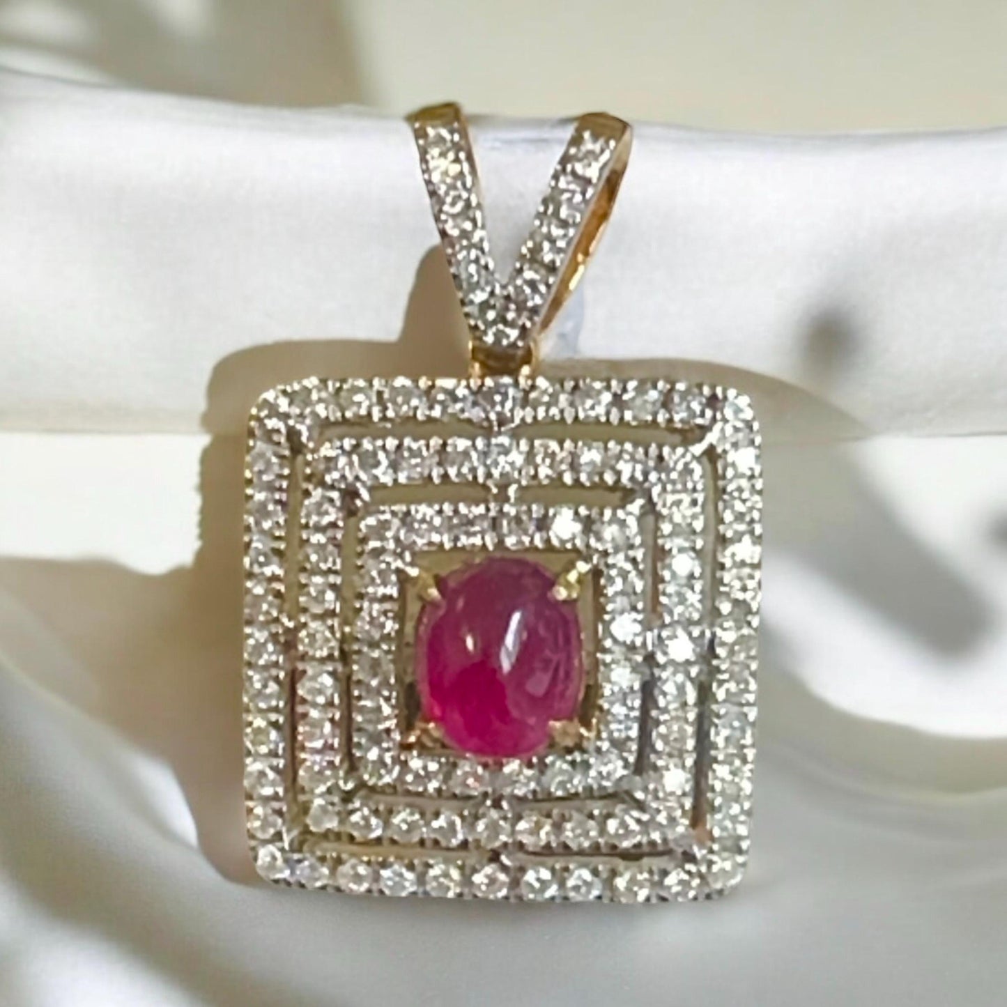 Natural Unheated Cabochon Burma Ruby (1.5CT) and Natural Diamonds in 20K Solid Gold Pendant