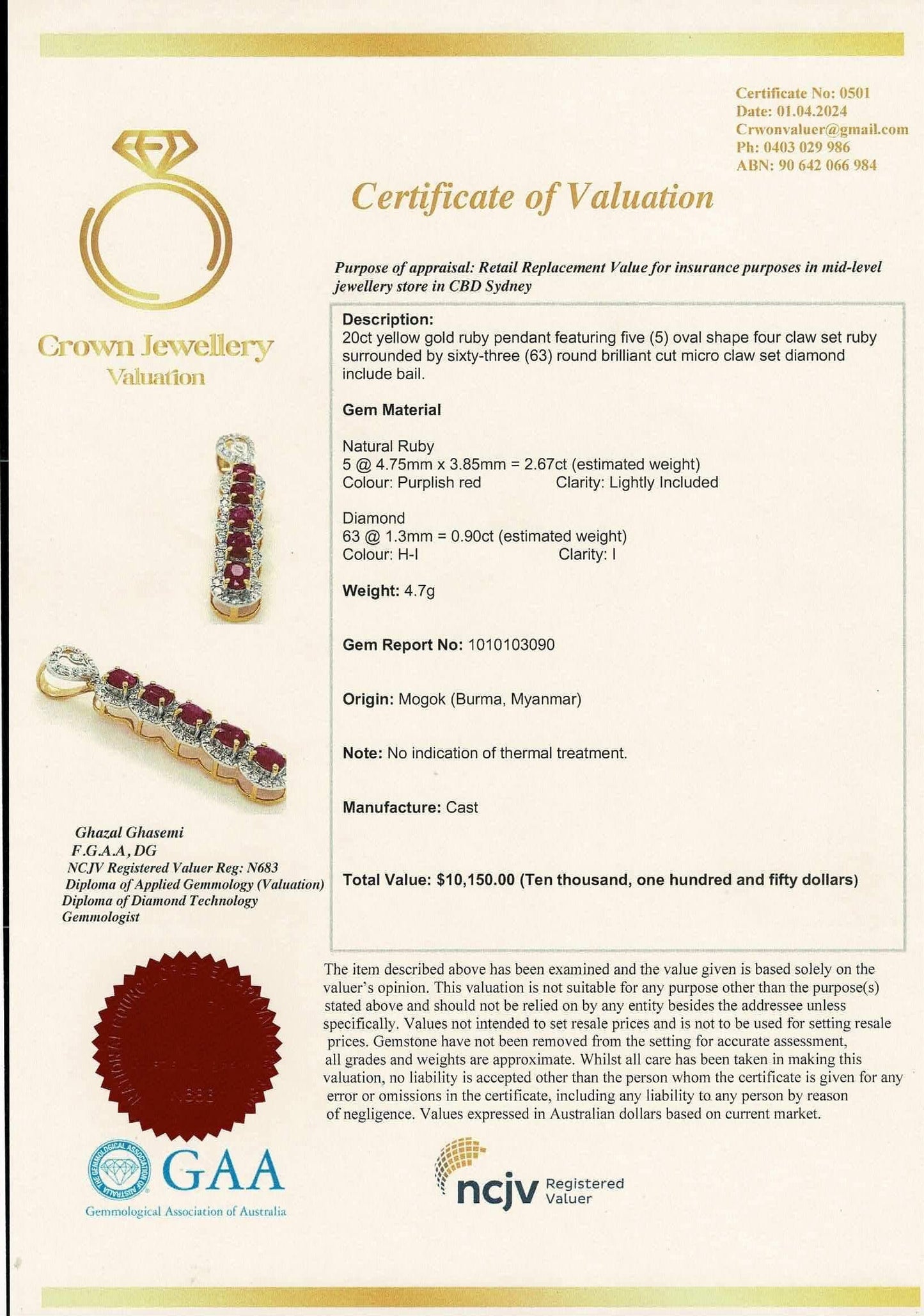 TOTAL 2.67CT Burmese Unheated Rubies and Natural Diamonds pendant in 20K Solid Gold