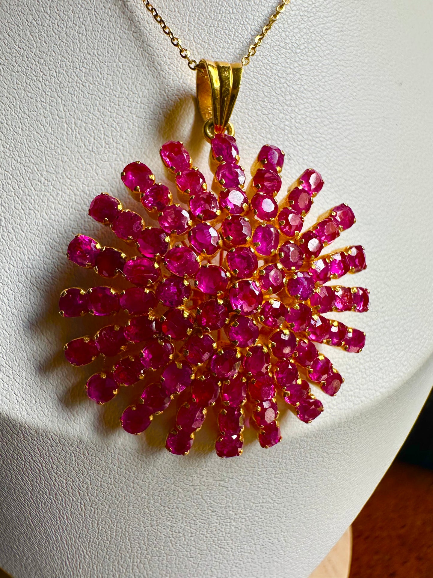Majestic Natural Unheated Burmese Rubies Sunburst Pendant in 20K Solid Gold