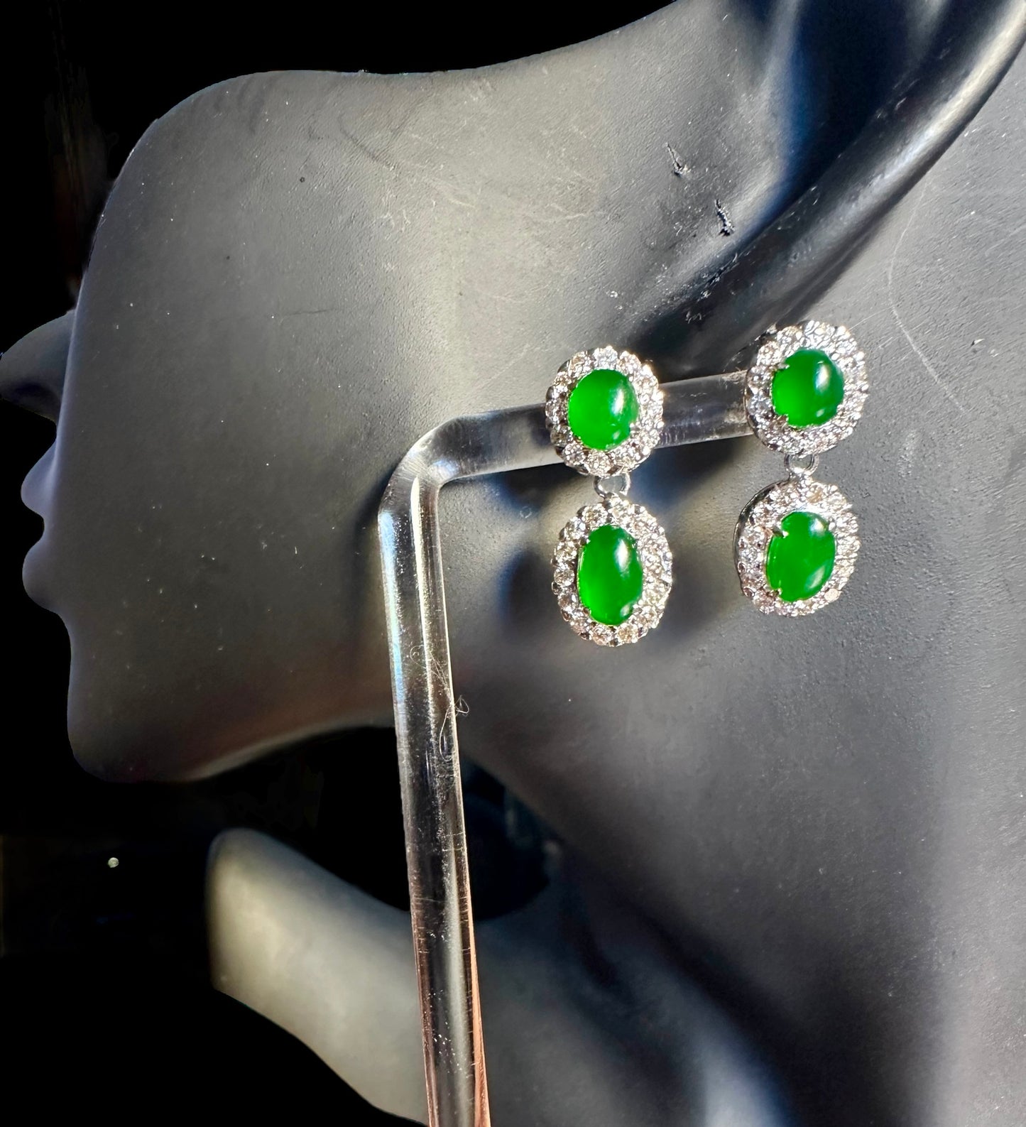 Two Step Drop Earrings Natural Untreated Burmese Jadeite & Diamonds