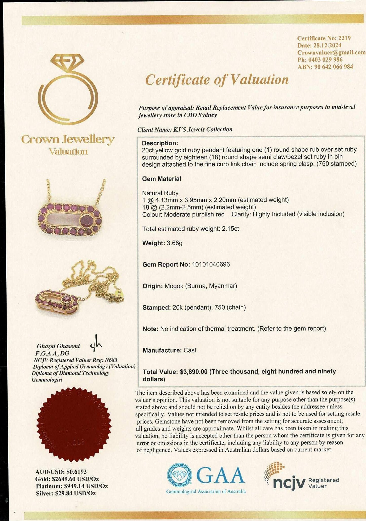 Natural Unheated Burmese Ruby (2.15CT) Pendant Necklace in 20K Solid Gold.