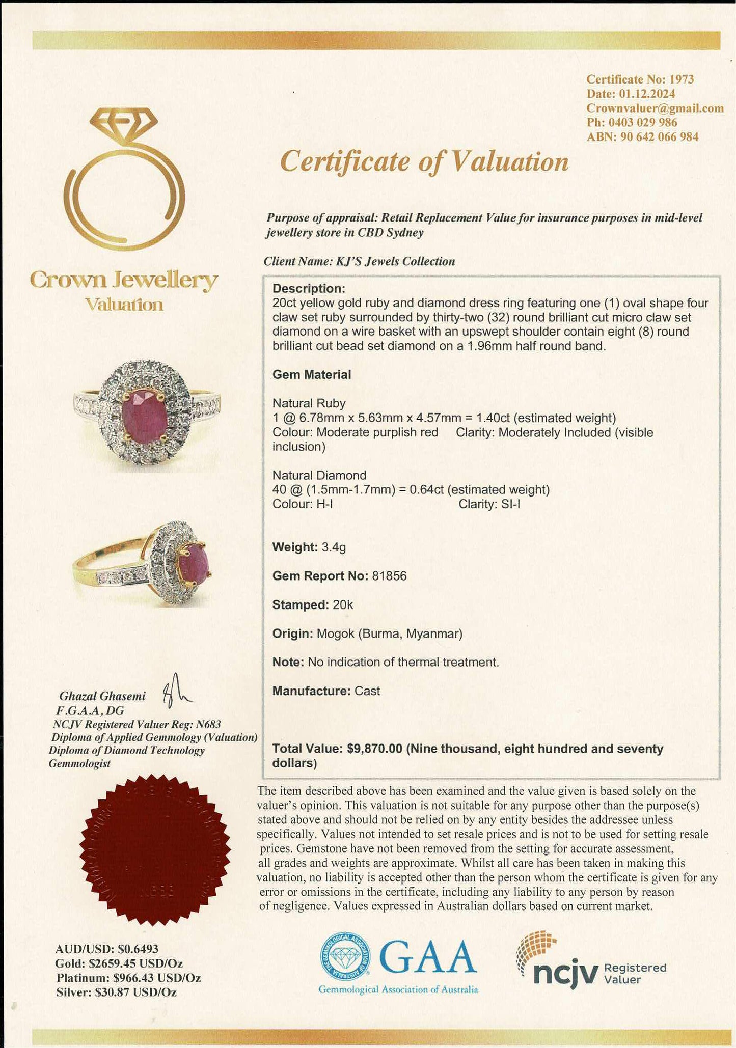 Burmese Natural Unheated Ruby (1.40CT) and Natural Diamonds Ring in 20K Solid Gold