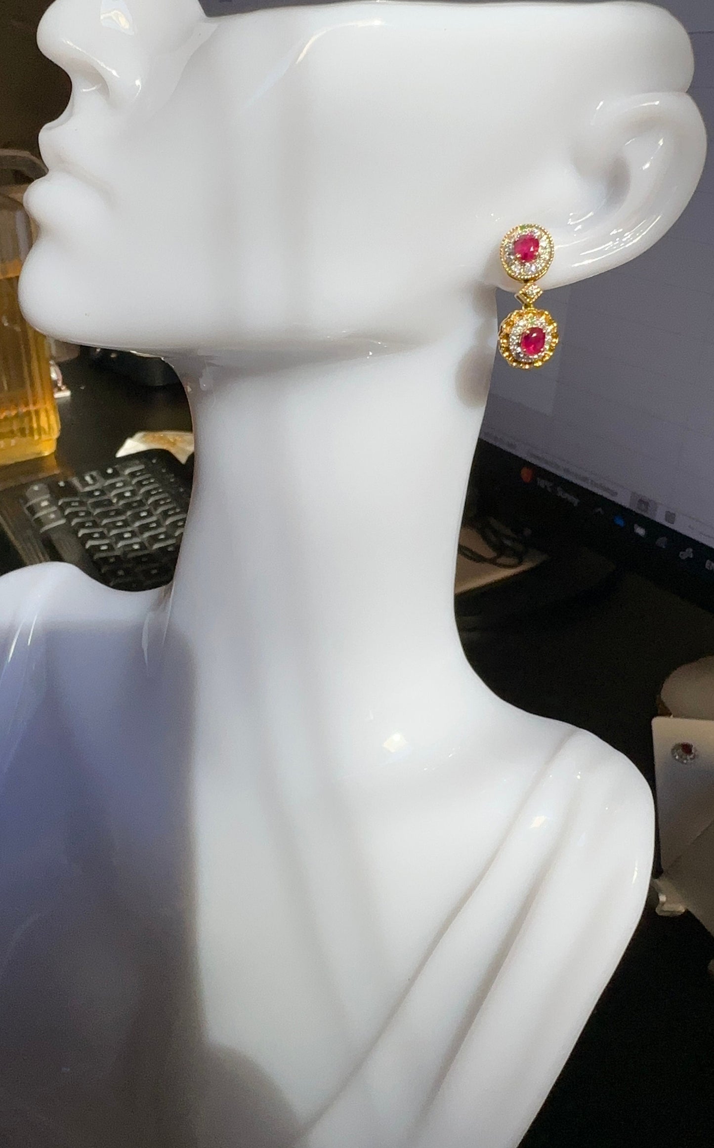Four pieces Burmese natural unheated ruby and natural diamond earrings in 18K solid gold