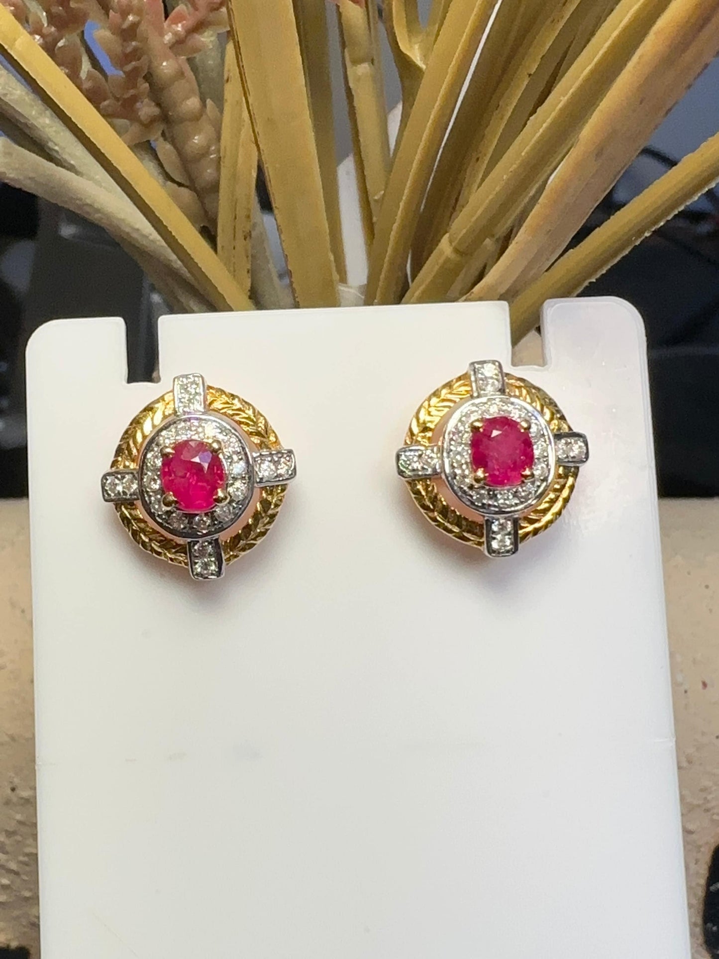 1.29CT Burma Unheated Ruby and Natural Diamonds Earring in 18K Solid Gold