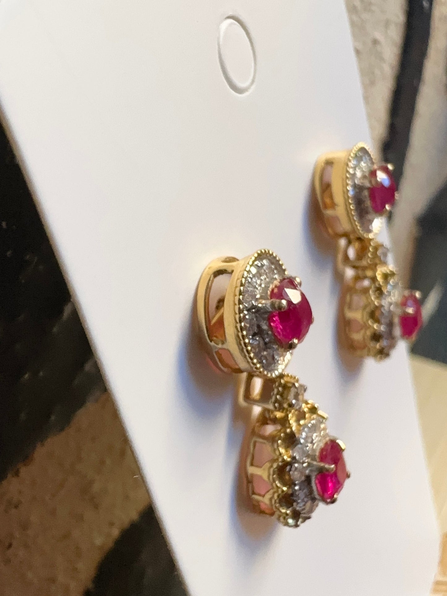 Four pieces Burmese natural unheated ruby and natural diamond earrings in 18K solid gold