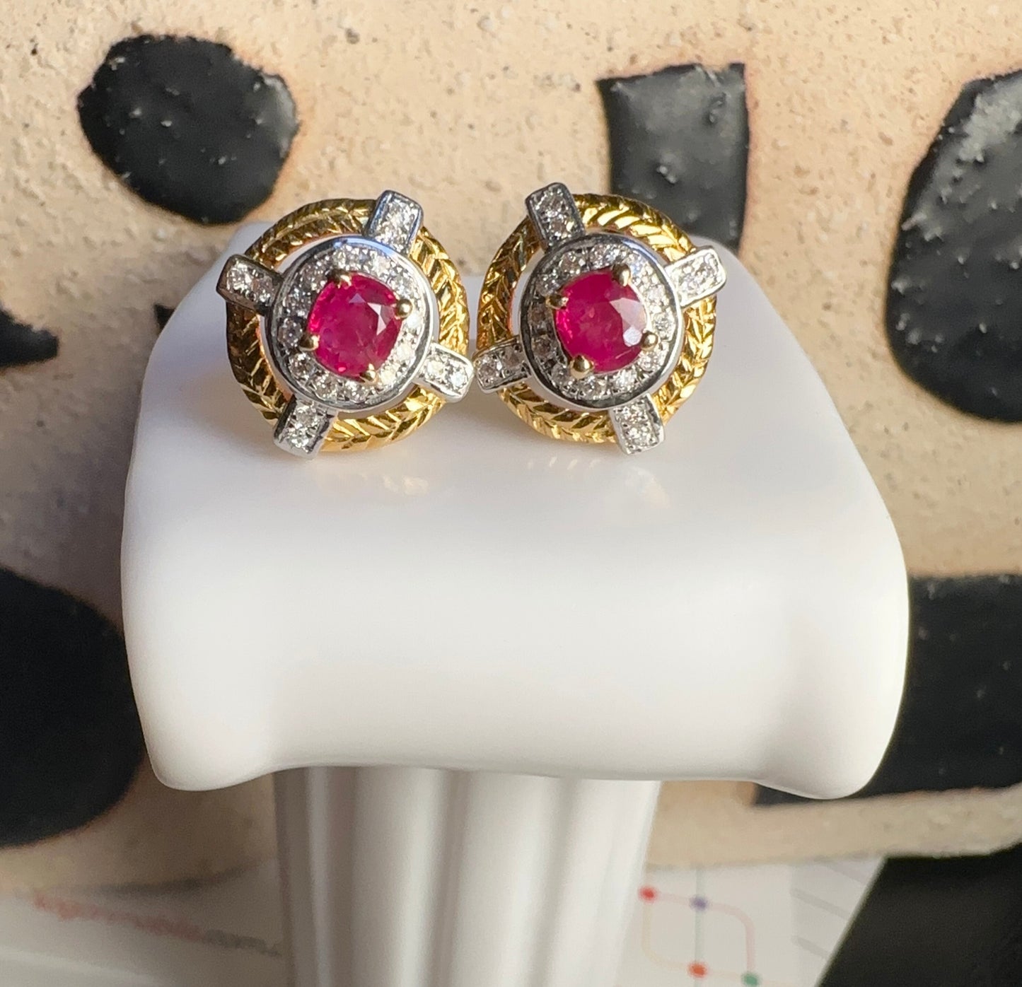 1.29CT Burma Unheated Ruby and Natural Diamonds Earring in 18K Solid Gold