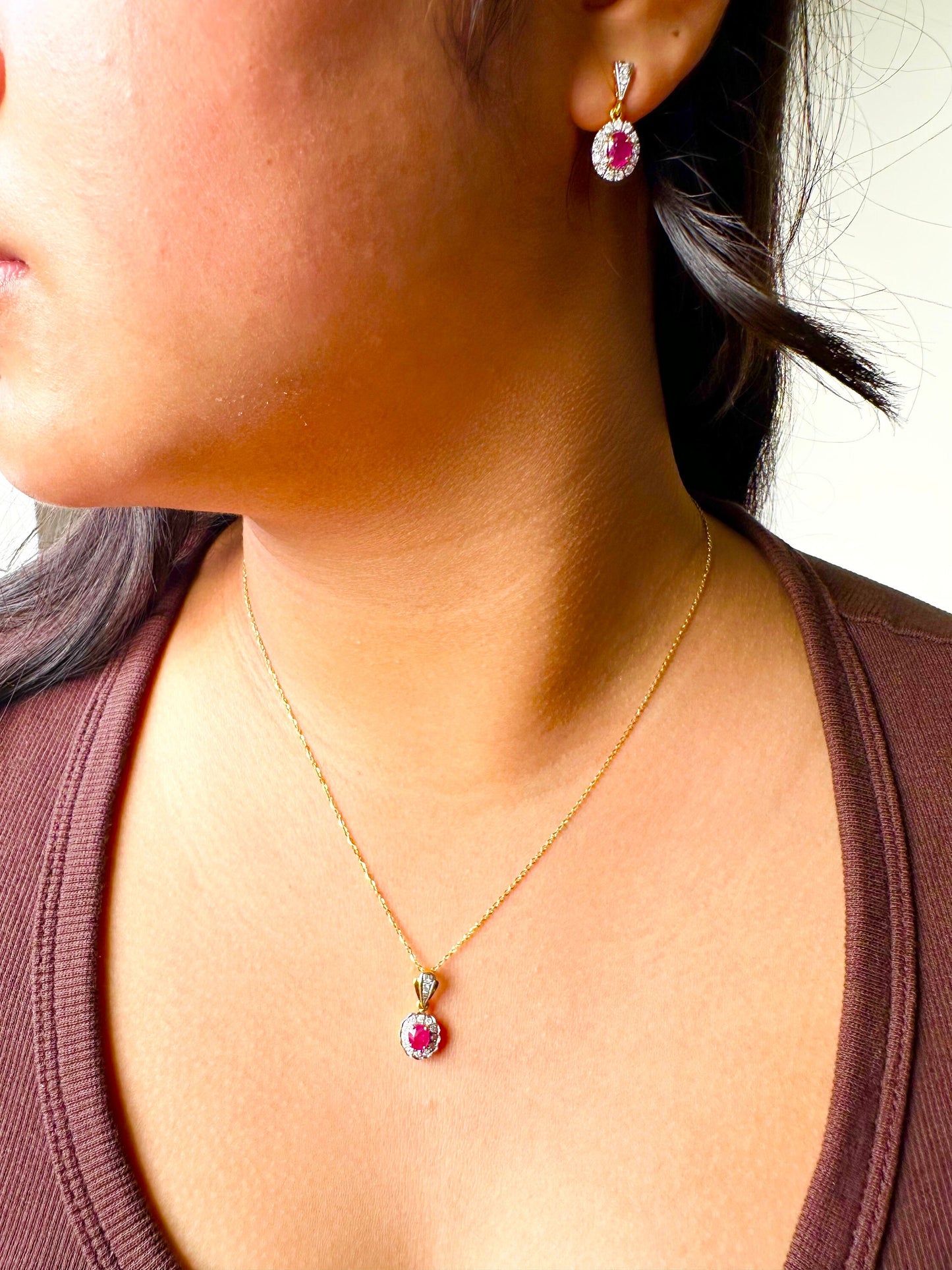 Stunning Earring & Necklace Set -Featuring Natural Unheated Burmese Ruby and Natural Diamond Earrings in 20K Solid Gold.