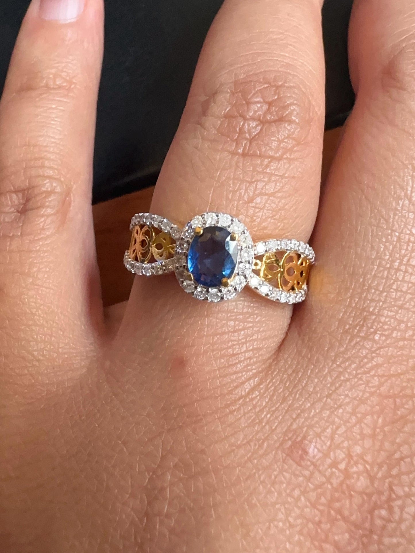Natural Unheated Sapphire and Natural Diamond Ring in 20K Solid Gold