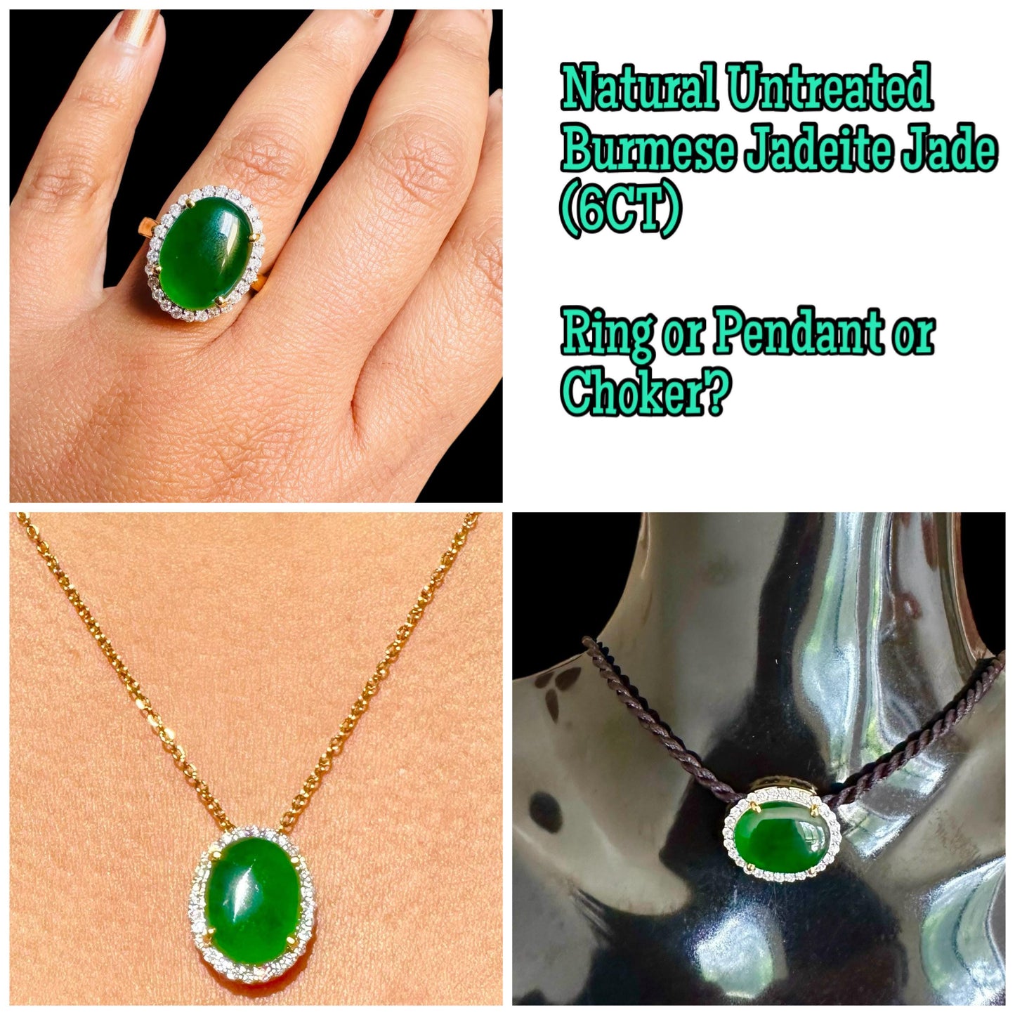 Two way of Pendant or Ring in Natural Unheated Burmese Jadeite Jade(Type A) (6CT) with Natural Diamonds and 18K Solid Gold.