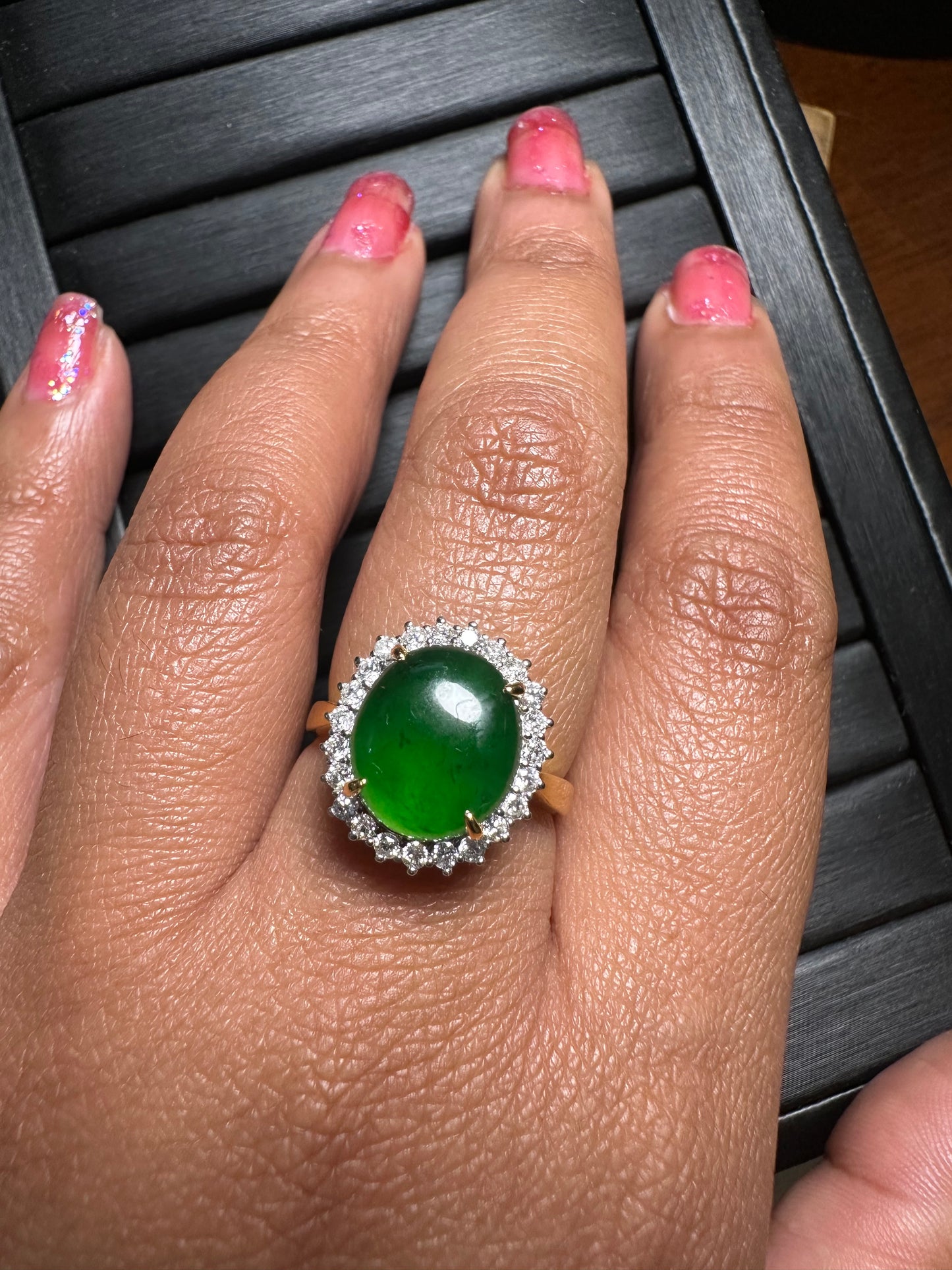 Diana-Style Ring - Natural Unheated Burmese Jadeite Jade (Type A) with Natural Diamonds in 18K Solid Gold.