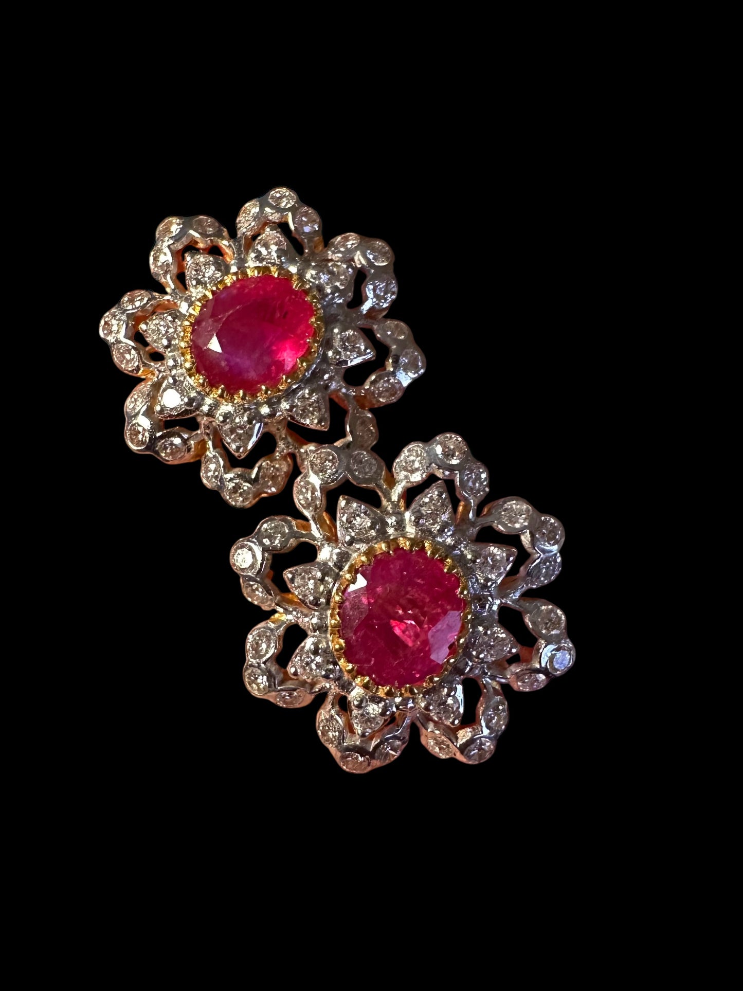Vintage Bloom โ Natural Unheated Burmese Ruby & Diamond Floral Earrings in 20K Solid Gold