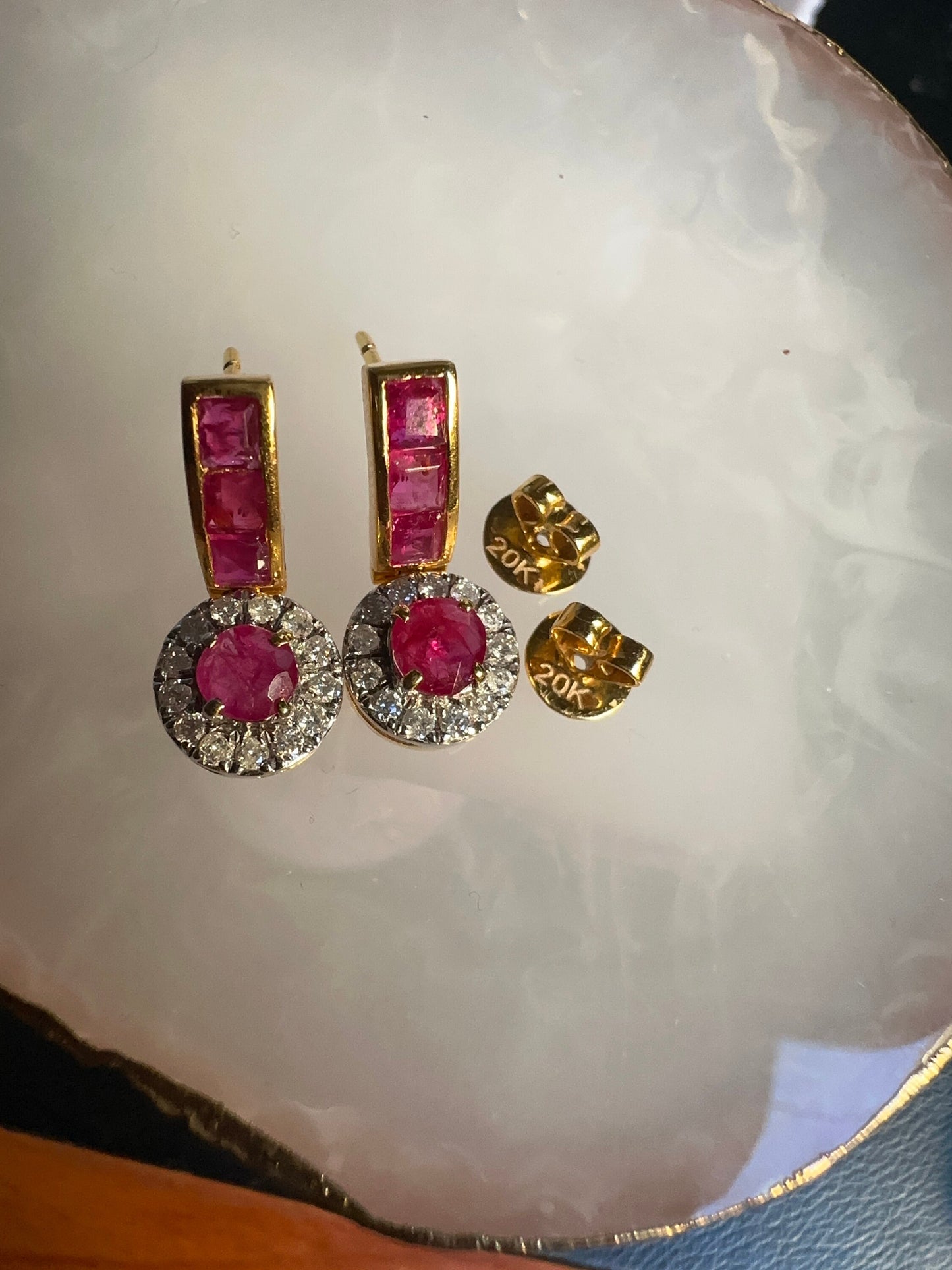 Dangle Drop Earrings with Total 2CT Natural Unheated Burmese Ruby and Diamonds in 20K Gold