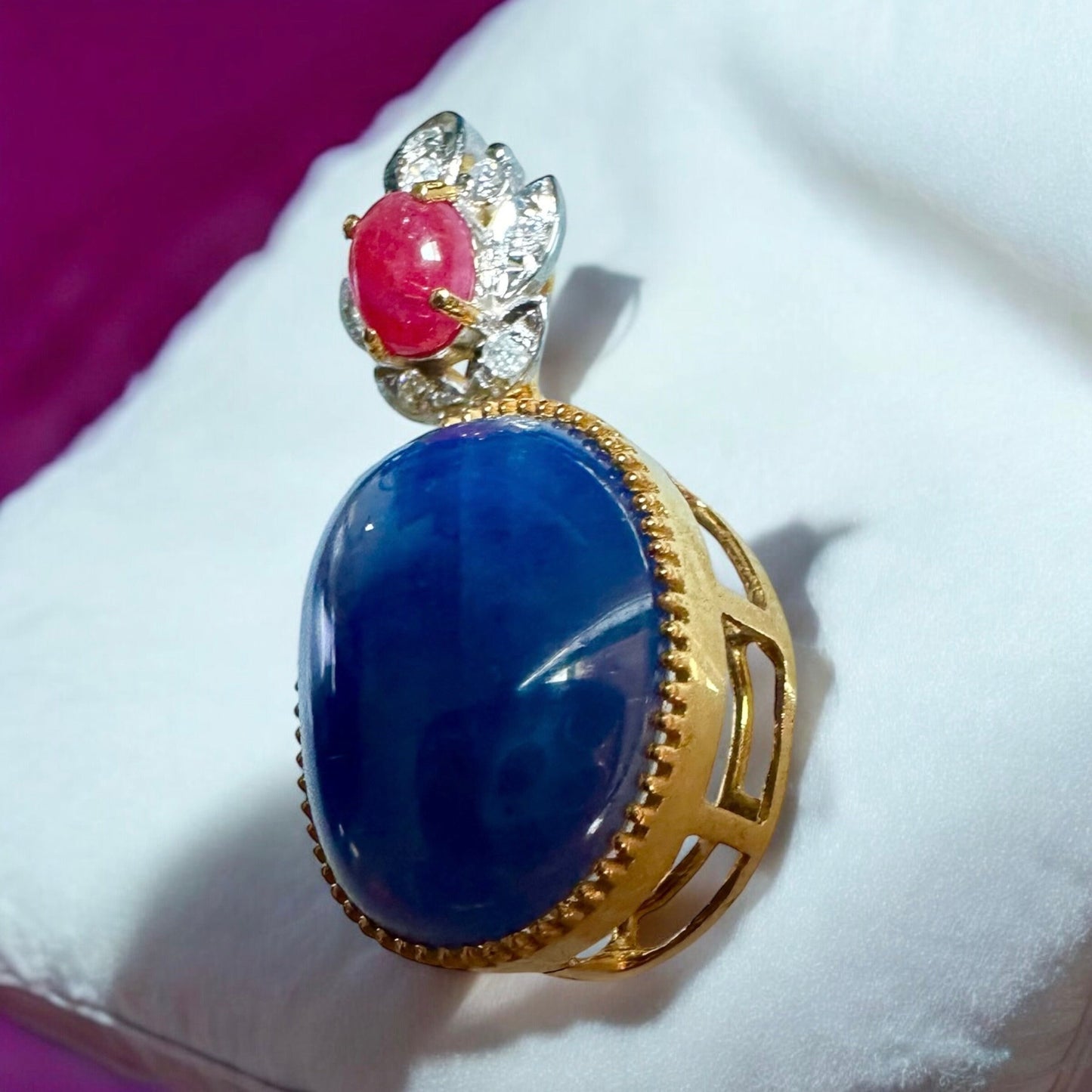 Natural Unheated Large Size Sapphire Cabochon (16CT) with natural Ruby and Natural Diamond Pendant in 20K gold