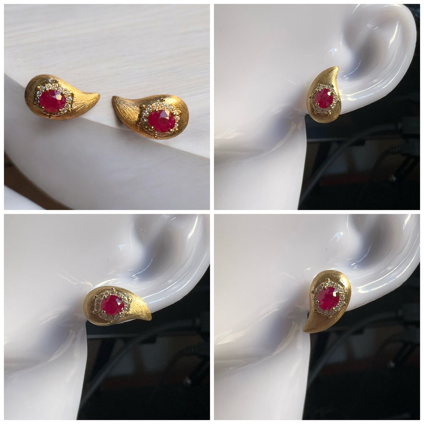 Vintage Style Natural Unheated Burmese Ruby (1.18CT) and Natural Diamonds Earrings in 18K Solid Yellow Gold