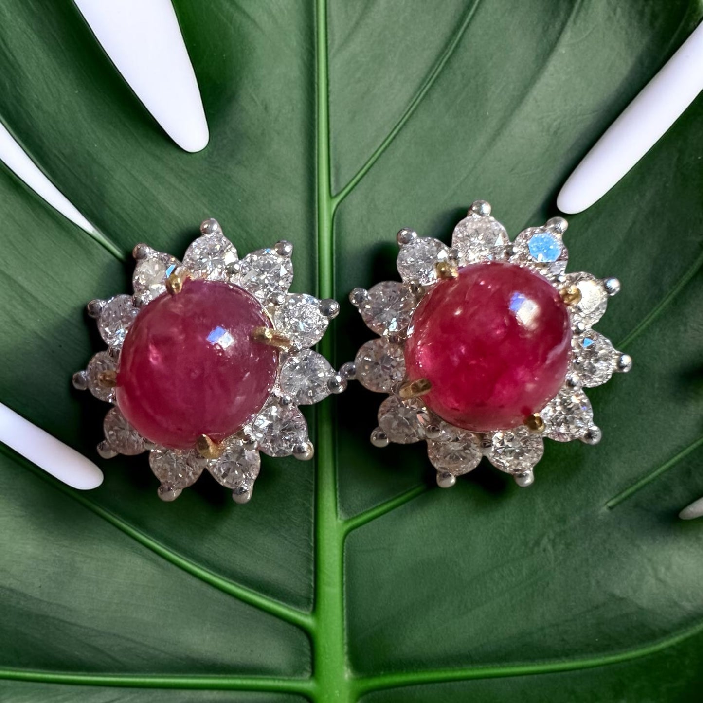 Natural Unheated Burmese Cabochon Ruby & Diamond Halo Stud Earrings | 3.00ct Rubies|18ct Solid Gold