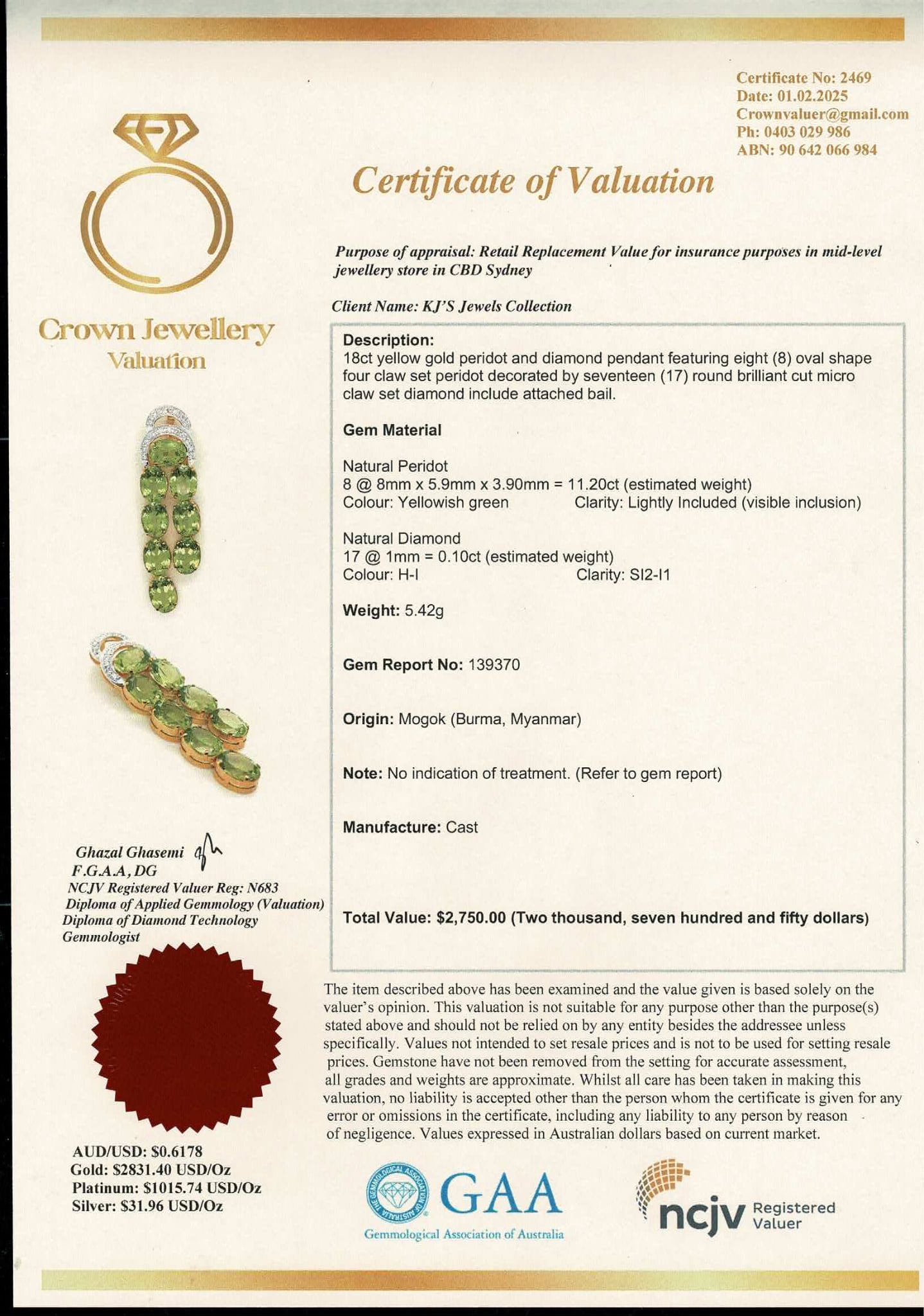 Natural Unheated Burmese Peridot (11 CT) and Natural Diamonds Pendant in 18K Solid Gold