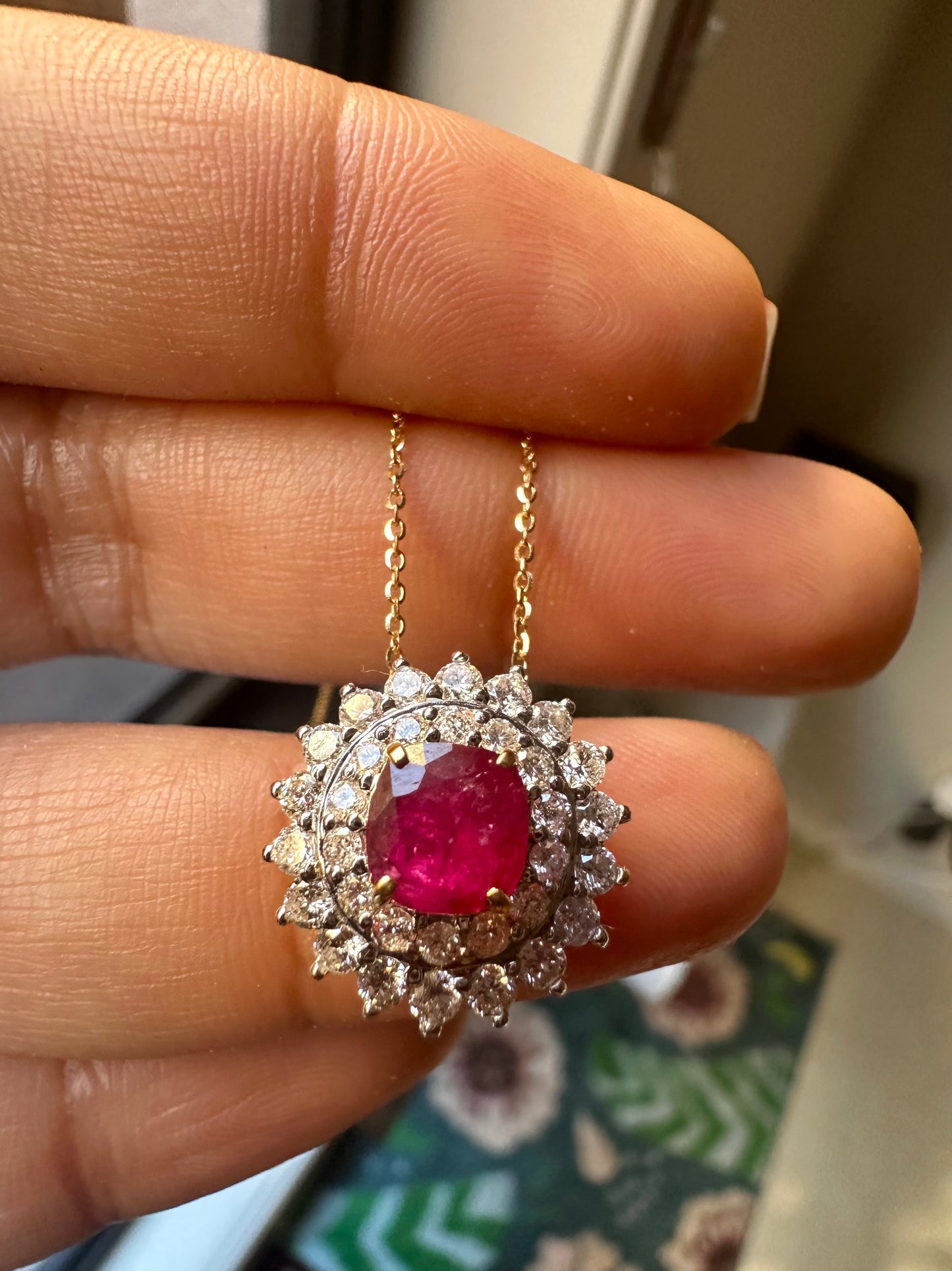 Two Halo Brilliance: Natural Diamonds & Natural Unheated Burmese Ruby (1CT) Pendant with Solid Gold Chain