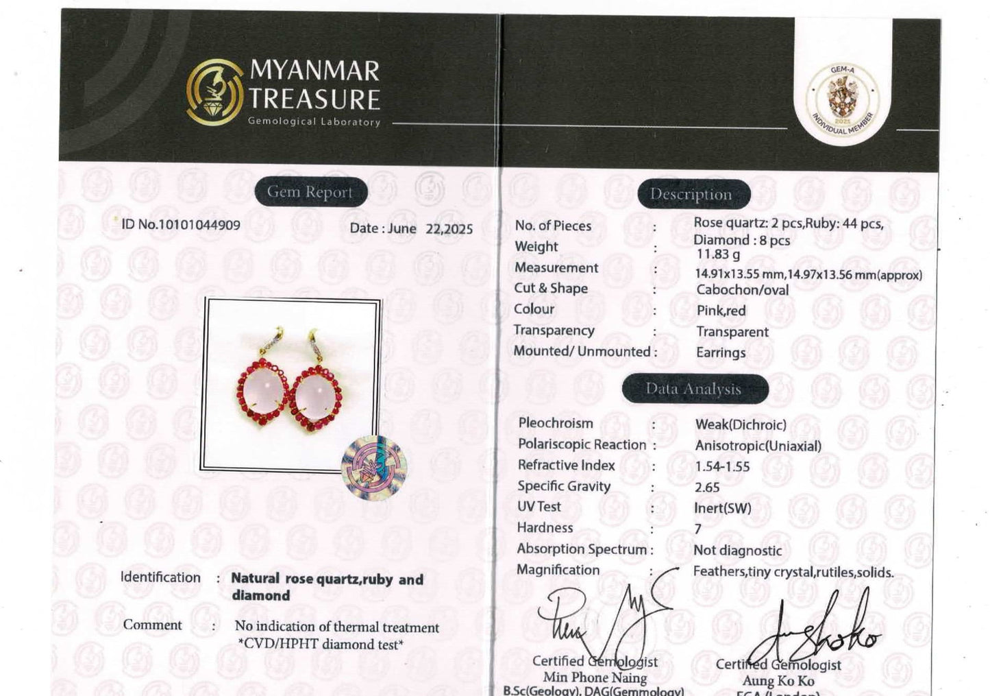 Elegant Rose Quartz & Ruby Earrings • Diamond Accented • 20ct Gold