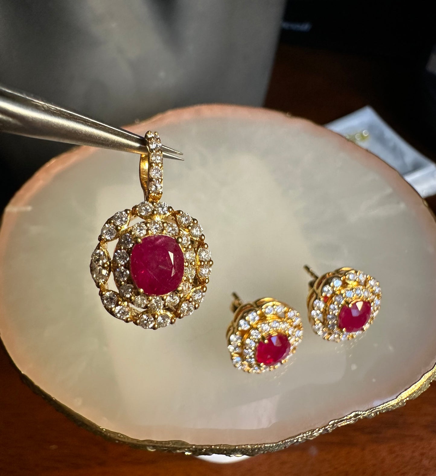 Natural Burmese Unheated Ruby & Diamond Halo Pendant (Matching Earrings Available)