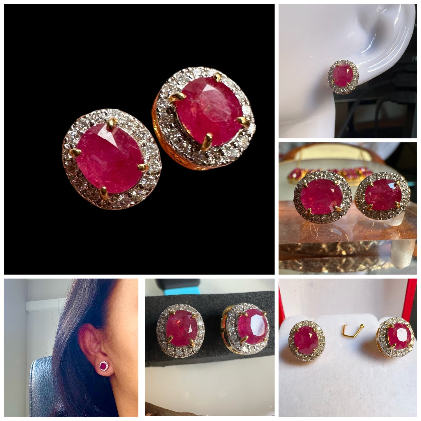 Natural unheated Burmese rubies (2.4CT) and natural diamond drop earrings in 20K solid gold