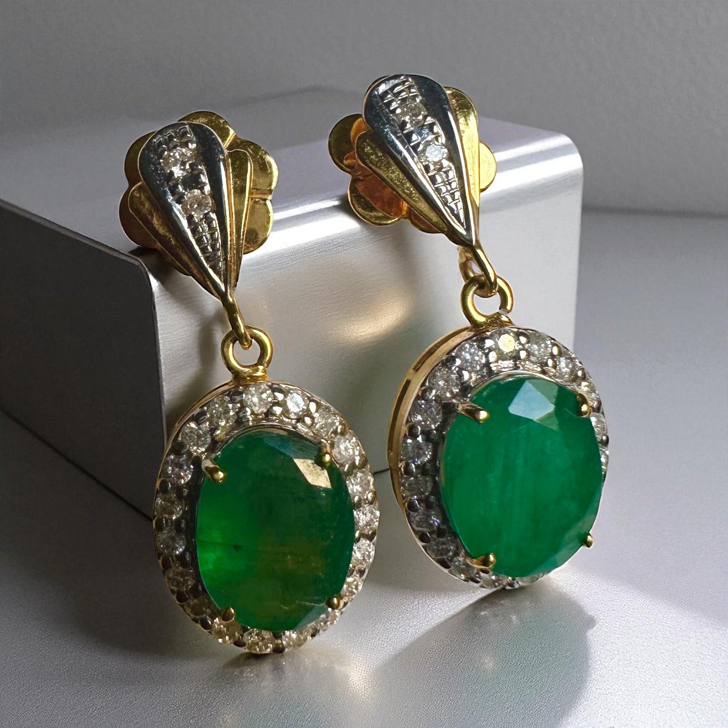 Timeless Natural Emerald & Diamond Dangle Earrings in 20K Solid Gold