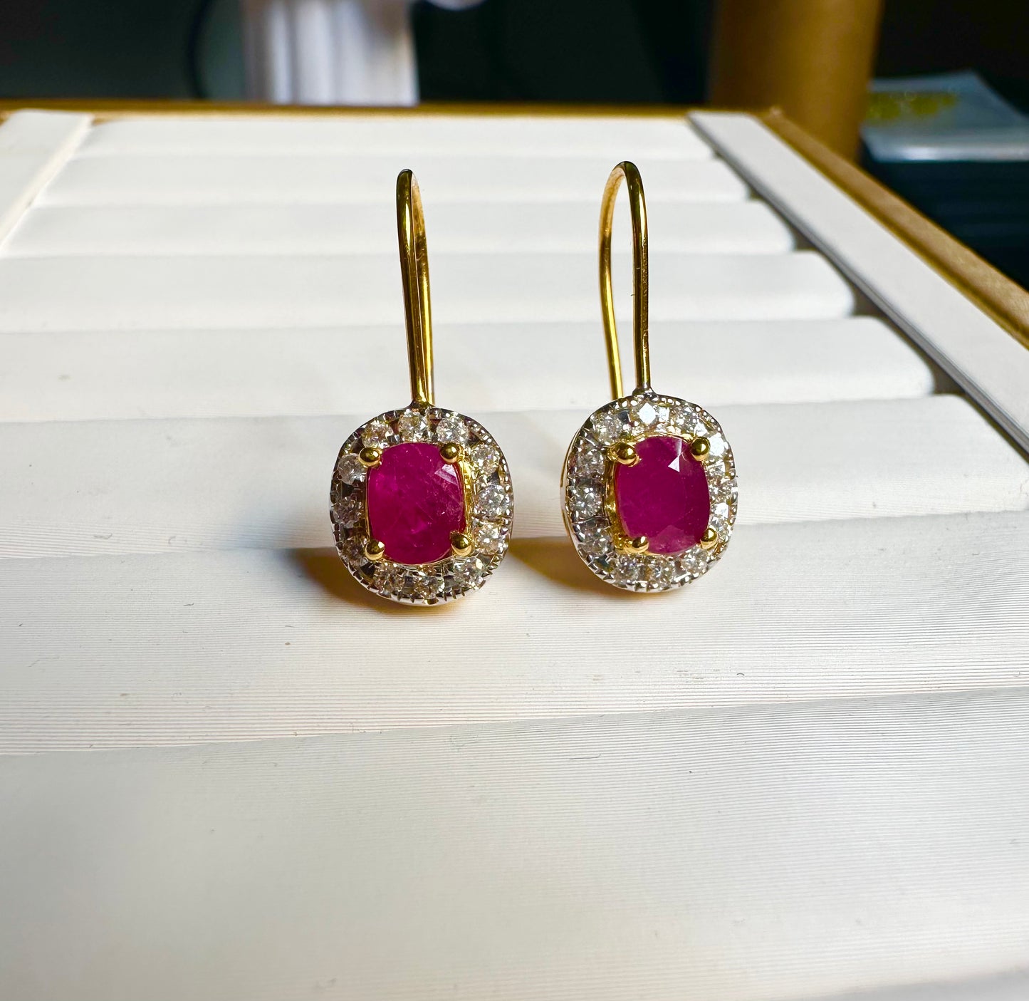 Natural unheated Burmese rubies (1.5CT) and natural diamond drop earrings in 20K solid gold