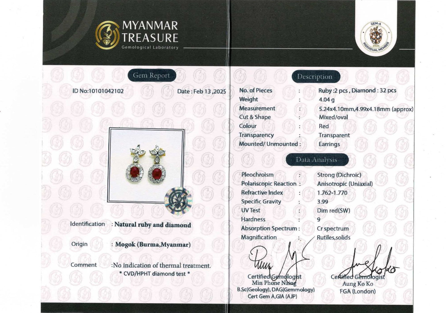 Natural unheated Burmese rubies (1.55CT) and natural diamond drop earrings in 20K solid gold