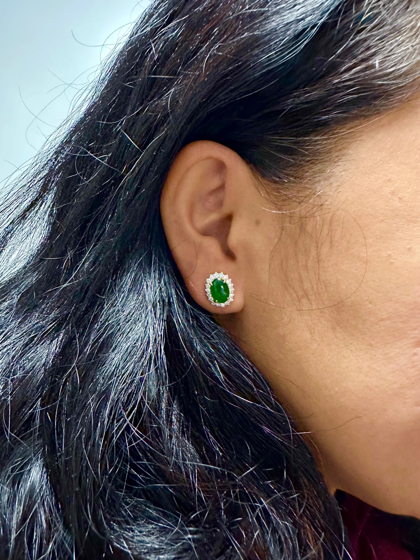 Diana-Style Earrings - Burmese Jadeite Jade with Natural Diamonds Earrings in Solid Gold
