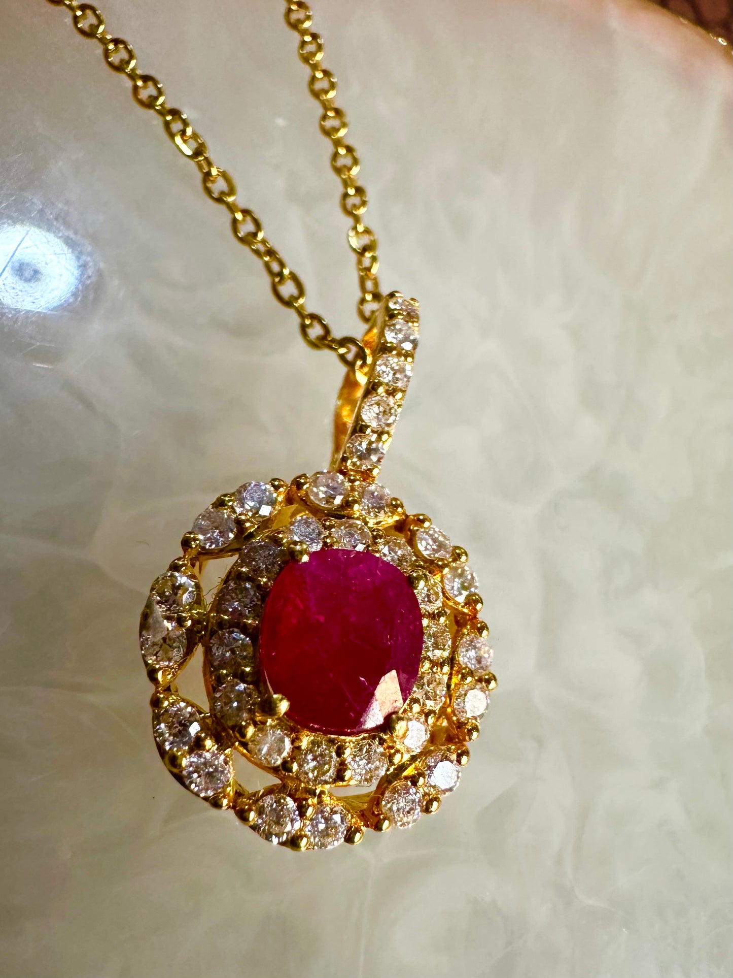 Natural Burmese Unheated Ruby & Diamond Halo Pendant (Matching Earrings Available)