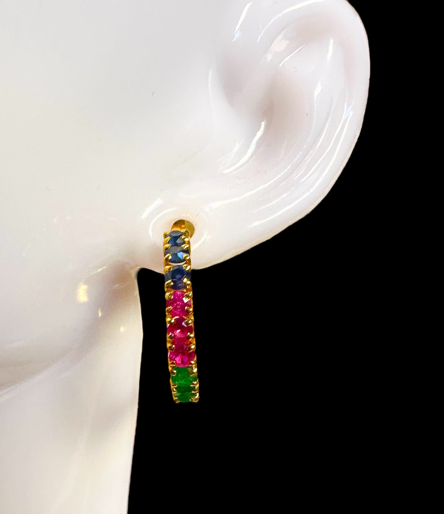Trio of Royalty â Natural Sapphire, Ruby & Emerald Hoop Earrings in 20K solid gold.