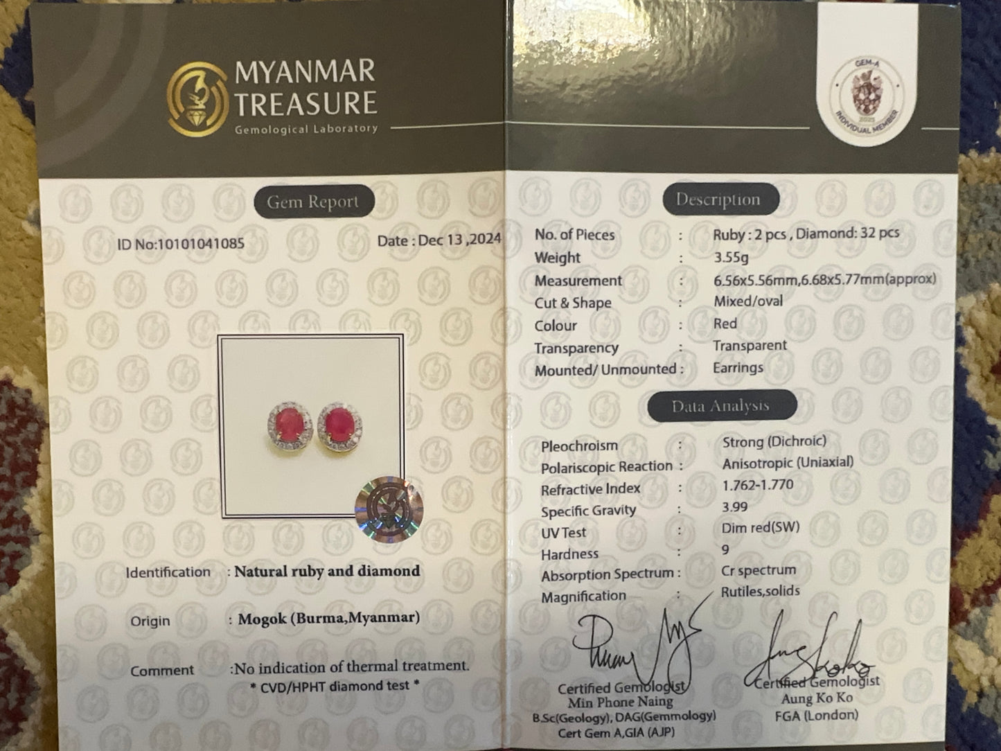 Natural unheated Burmese rubies (2.4CT) and natural diamond drop earrings in 20K solid gold
