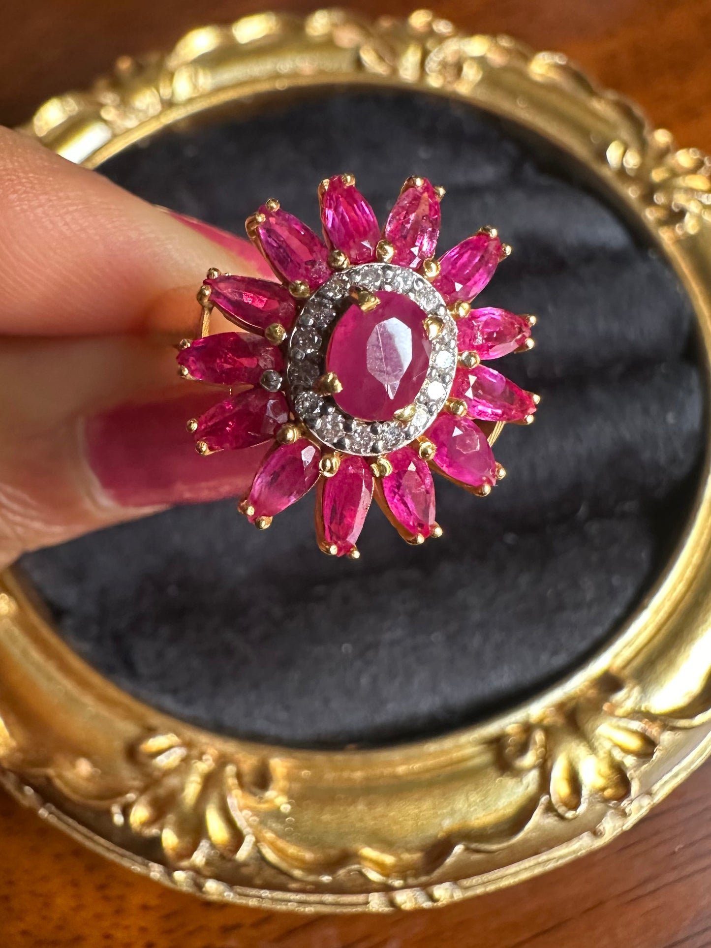 Vintage Sunflower Design Burmese Natural Unheated Ruby (2.65CT) and Diamonds Ring in 20K Solid Gold